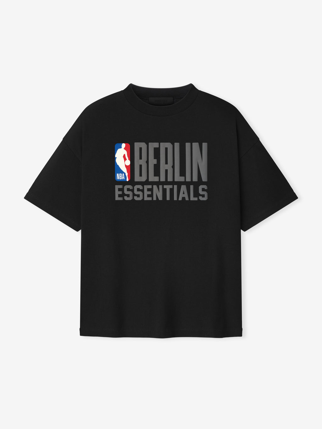 Straight-on view of black Berlin 90s Fit Tee with grey BERLIN ESSENTIALS text and NBA logo, file 125EU264201F_BERLIN_90S_FIT_TEE-BLACK_1.jpg