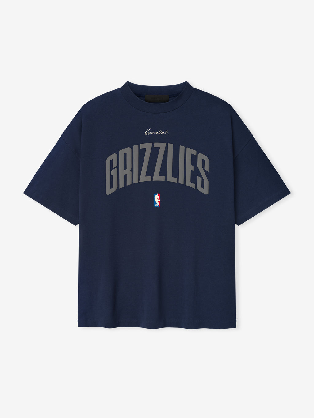 Front view of midnight navy Memphis Grizzlies 90'S Fit Tee with large grey Grizzlies text and small NBA logo, file 125EU264204F