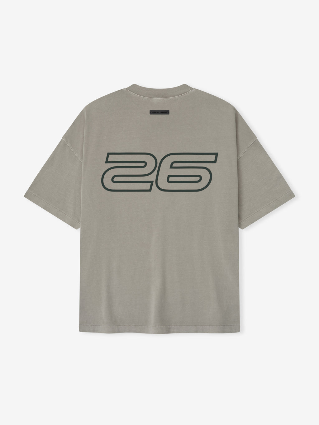 Rear view of smoke grey Fear of God Essentials 90s Tee featuring large outlined 26 print, gallery image zero file name detail