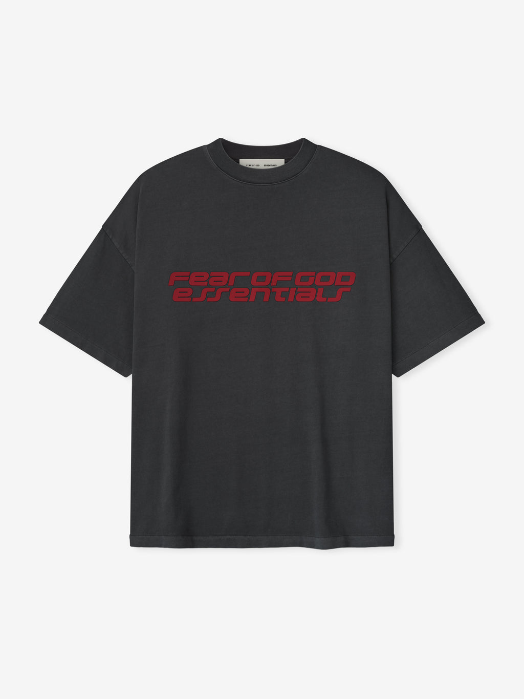 Iron grey Fear of God Essentials 90s Tee with bold red logo text across chest, flat lay front view, gallery first image