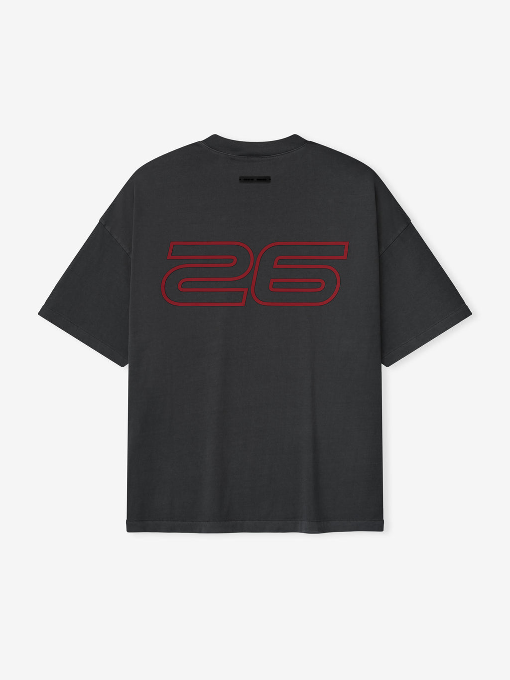 Rear view of iron grey Fear of God Essentials 90s Tee with bold red outlined 26 print on soft fabric