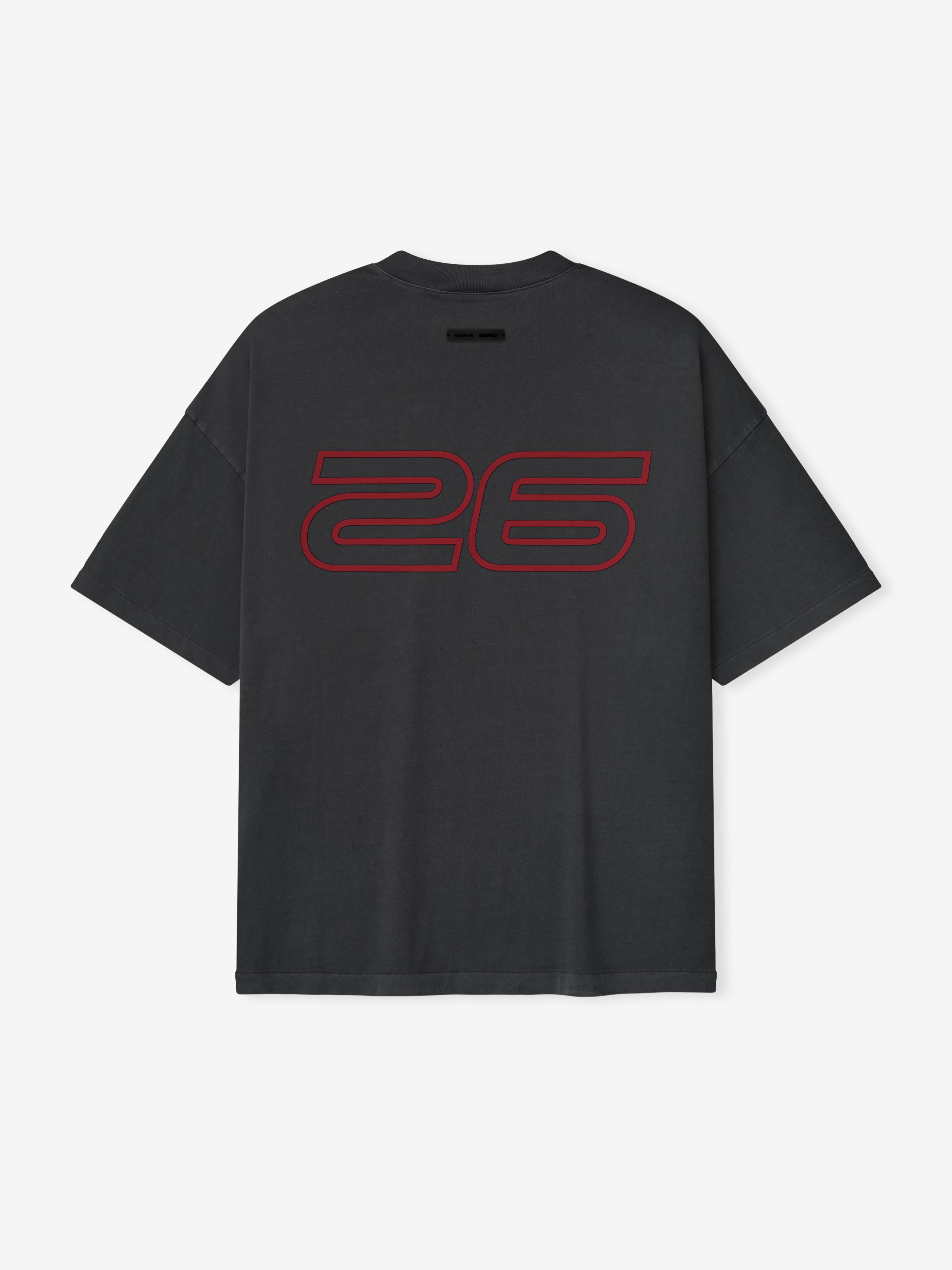Rear view of iron grey Fear of God Essentials 90s Tee with bold red outlined 26 print on soft fabric