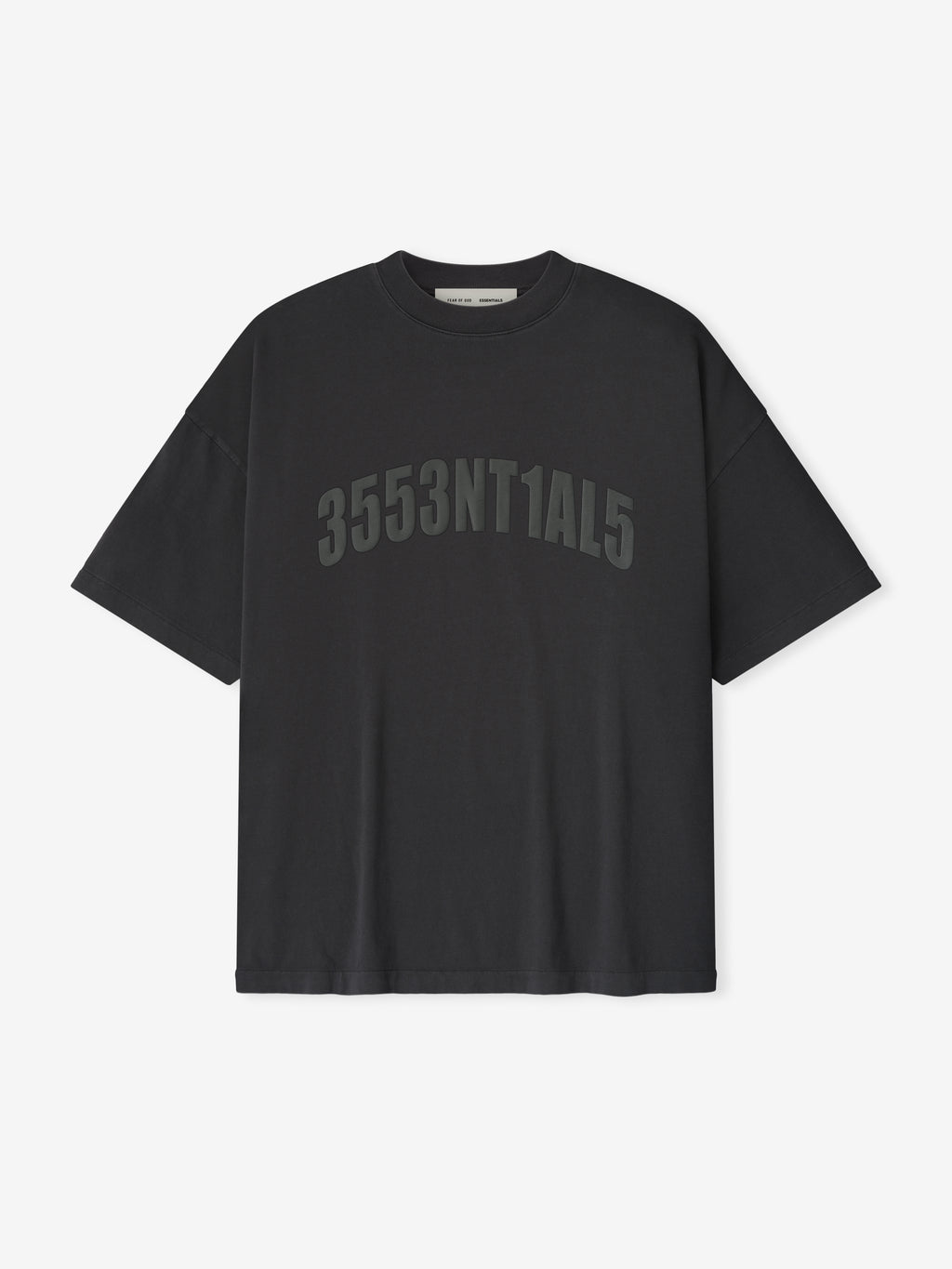 Front view of vintage black Los Angeles 90s Tee with short sleeves and embossed tonal numeric print on chest