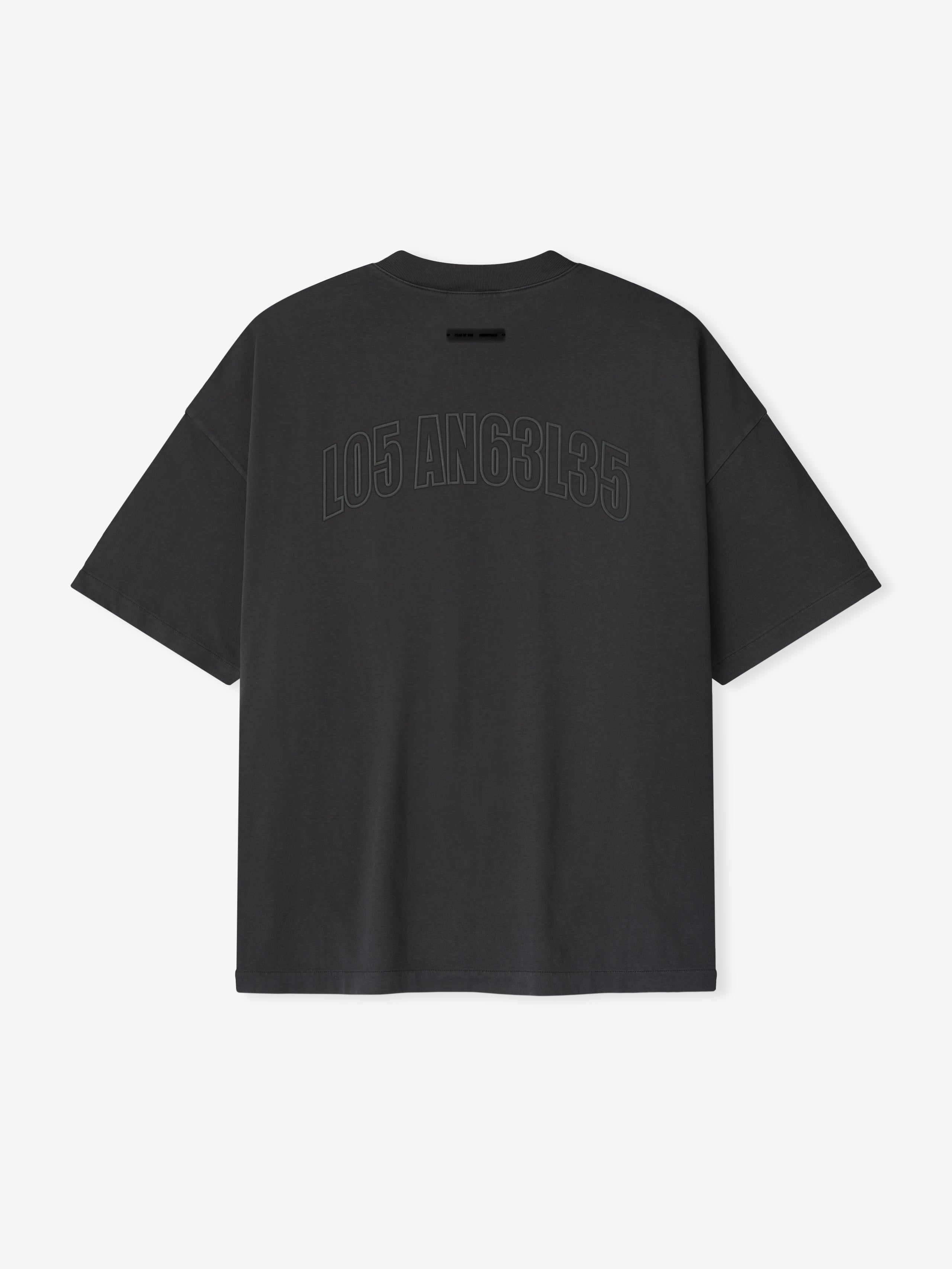 Back view of vintage black Los Angeles 90s Tee with tonal embossed numeric print and short sleeves on white background