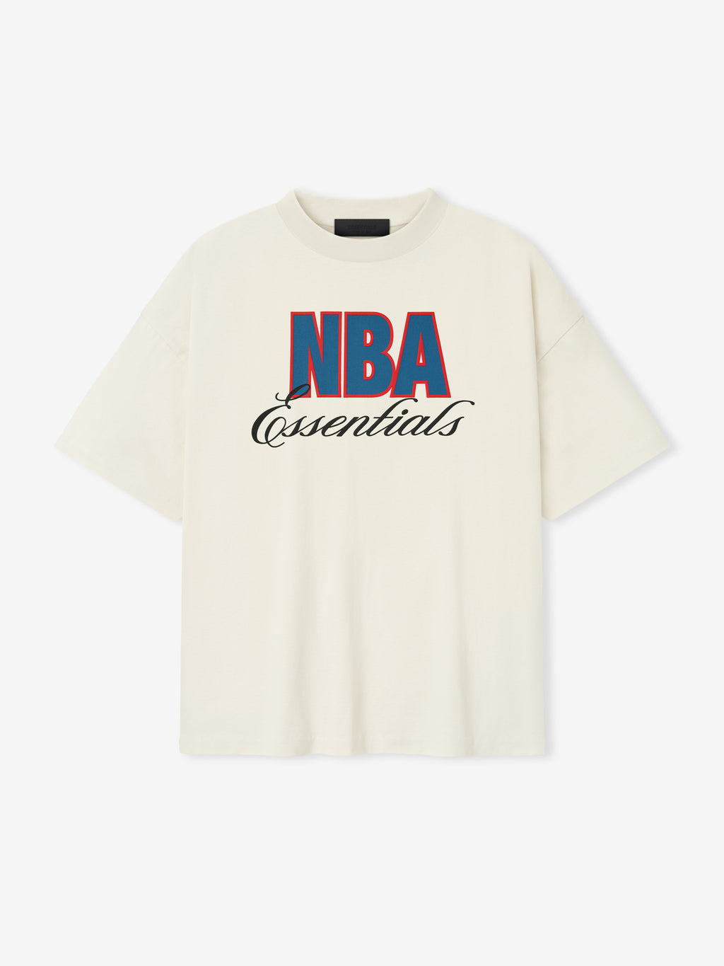 Front view of cream white NBA 90s Tee with bold red and blue NBA text and black Essentials script centered, file 125NB252202F
