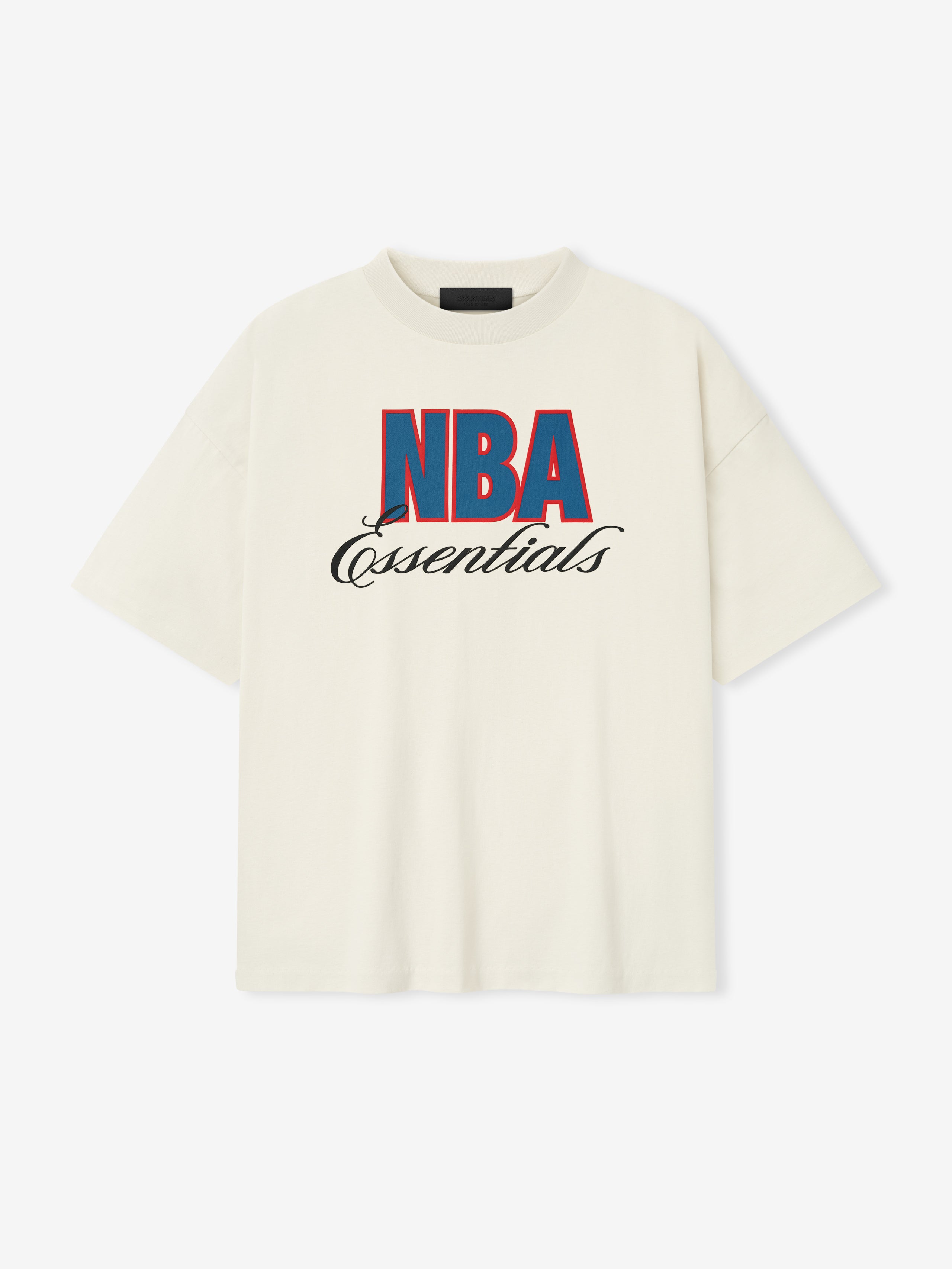 Front view of cream white NBA 90s Tee with bold red and blue NBA text and black Essentials script centered, file 125NB252202F
