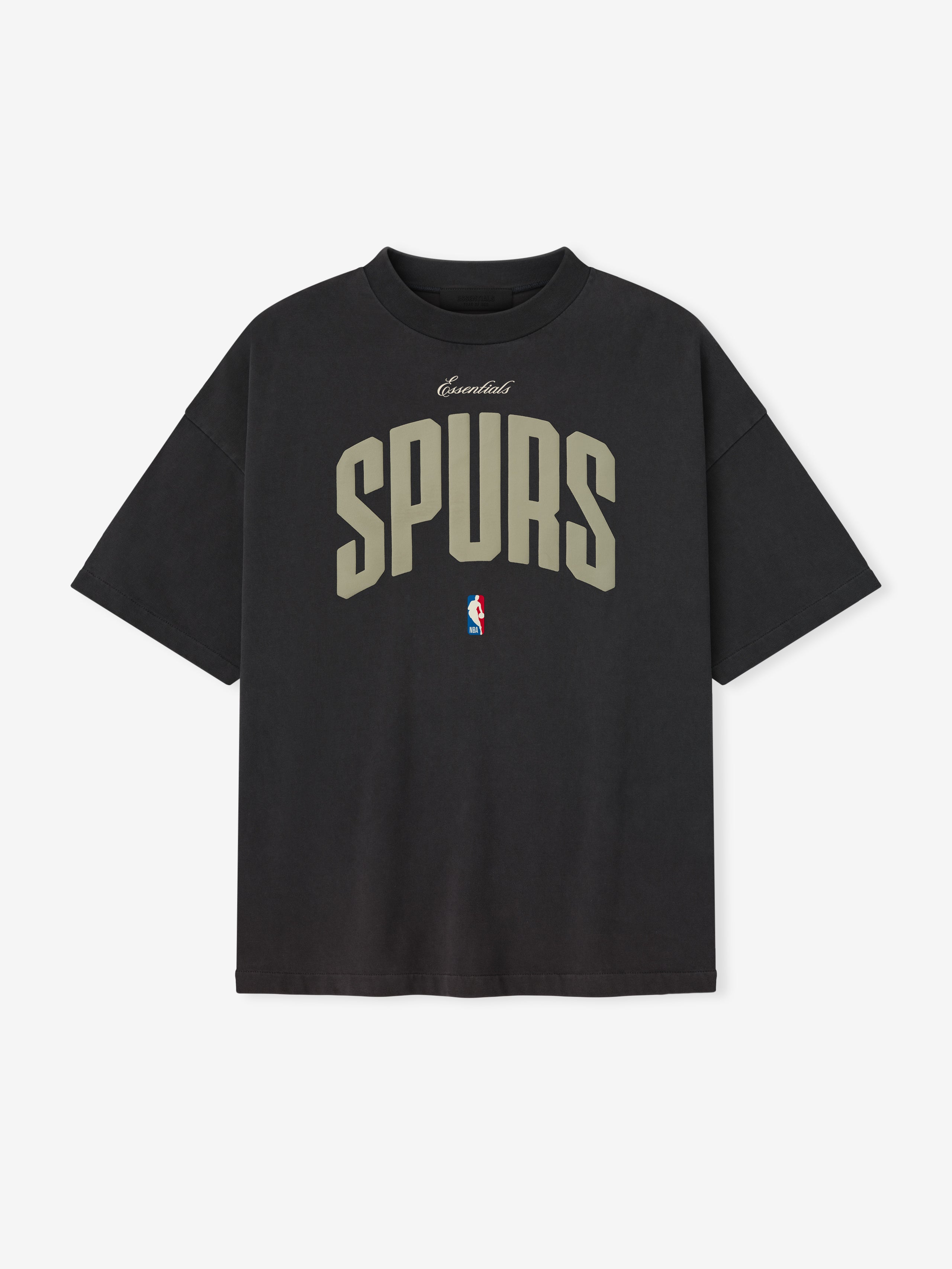 Front view of black Spurs 90s Tee with beige Essentials script and small NBA logo, gallery image 0 file 125NB252231F