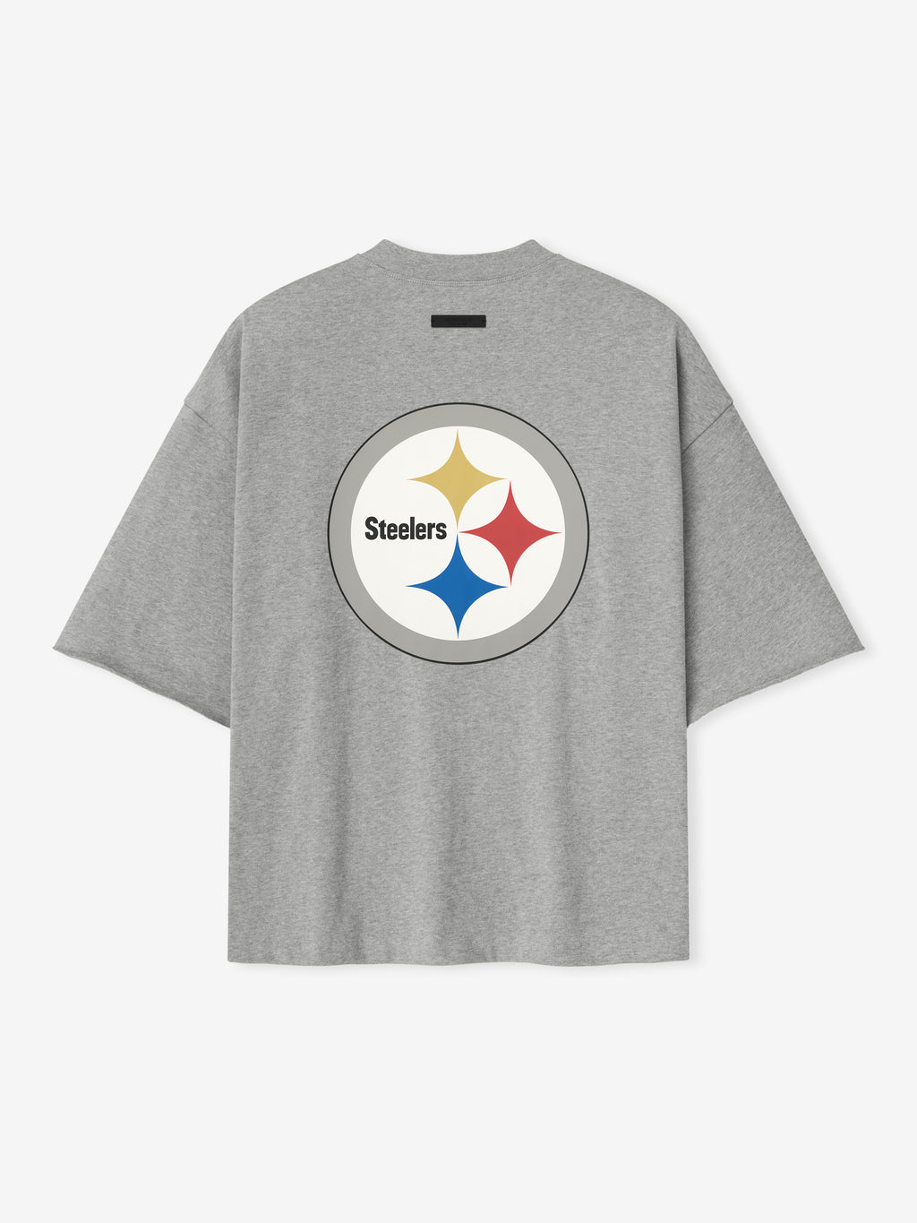 Back view of concrete heather Steelers 90s 3/4 Sleeve Football Tee with large vintage Steelers logo centered