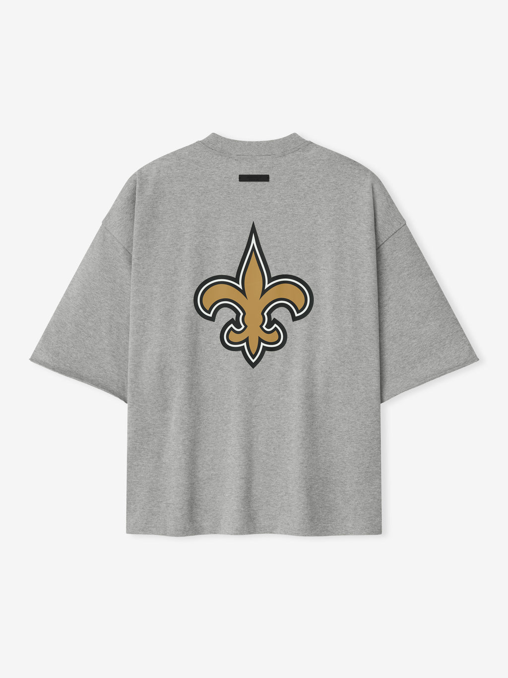Back view of concrete heather Saints 90s 3/4 Sleeve Football Tee featuring large gold fleur-de-lis logo centered