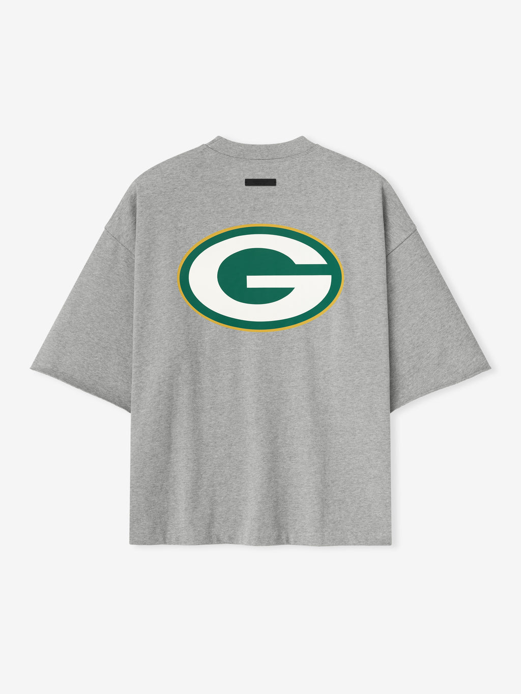 Back view of concrete heather Packers 90s 3/4 Sleeve Football Tee featuring large green and gold G logo centered