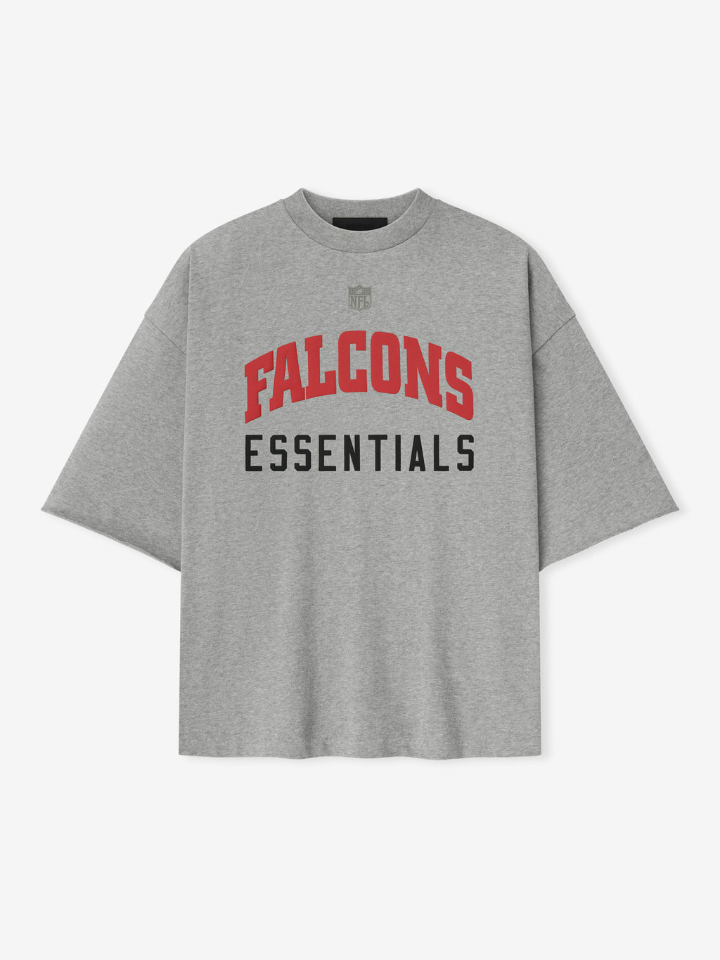 Front view of concrete heather Falcons 90s 3/4 Sleeve Football Tee with red Falcons and black Essentials text centered