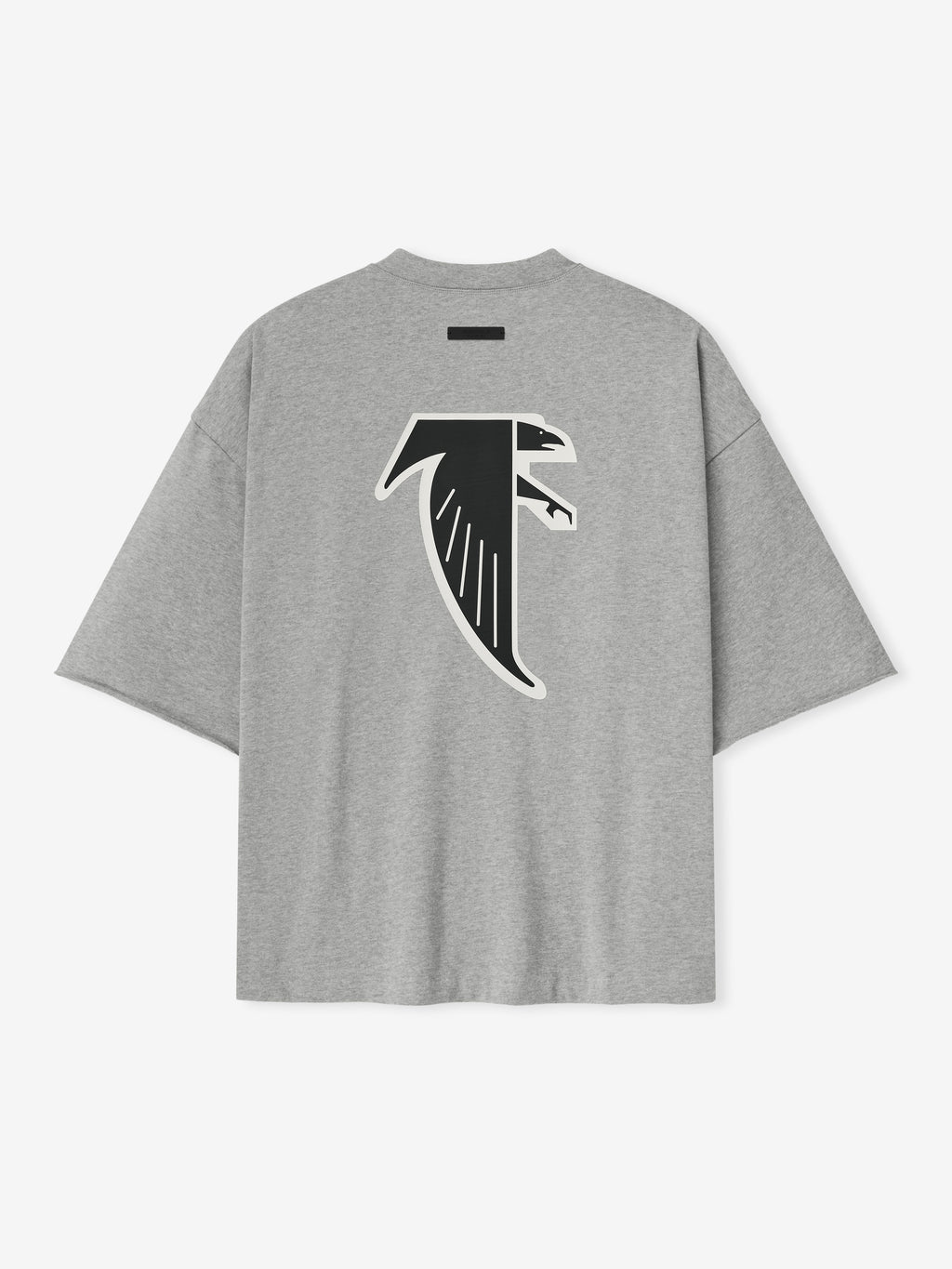 Back view of concrete heather Falcons 90s 3/4 Sleeve Football Tee with large black and white stylized falcon graphic centered