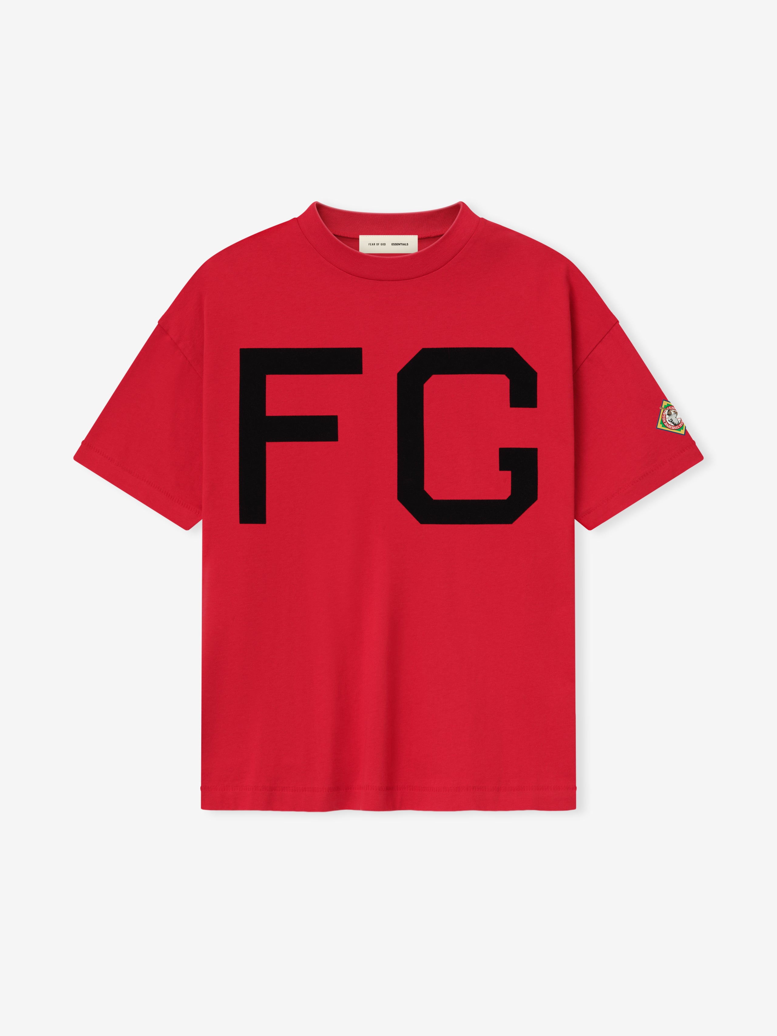 Front view of red Essentials FG Monarchs Tee with large black FG letters and emblem on left sleeve, gallery image 0