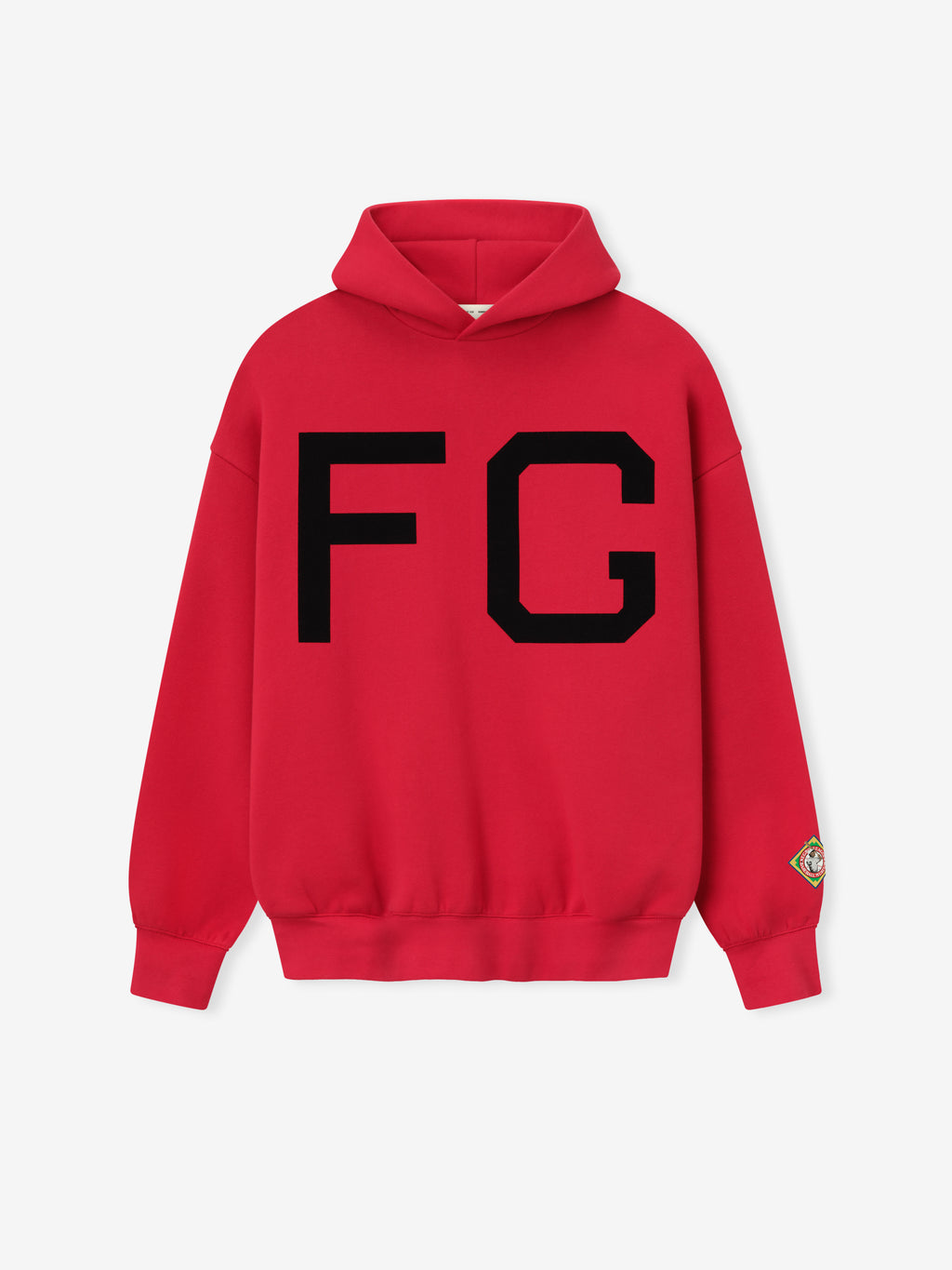 red fleece hoodie with large black felt "FG" lettering on front and small multicolored patch on sleeve cuff