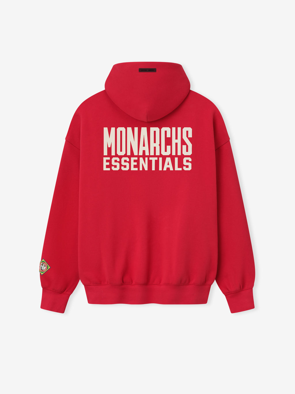 red hoodie with large cream "MONARCHS ESSENTIALS" text on back and small multicolored patch on left sleeve cuff