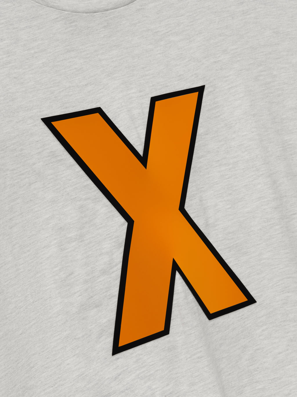 close-up of light gray cotton tee with large orange "X" outlined in black printed on front