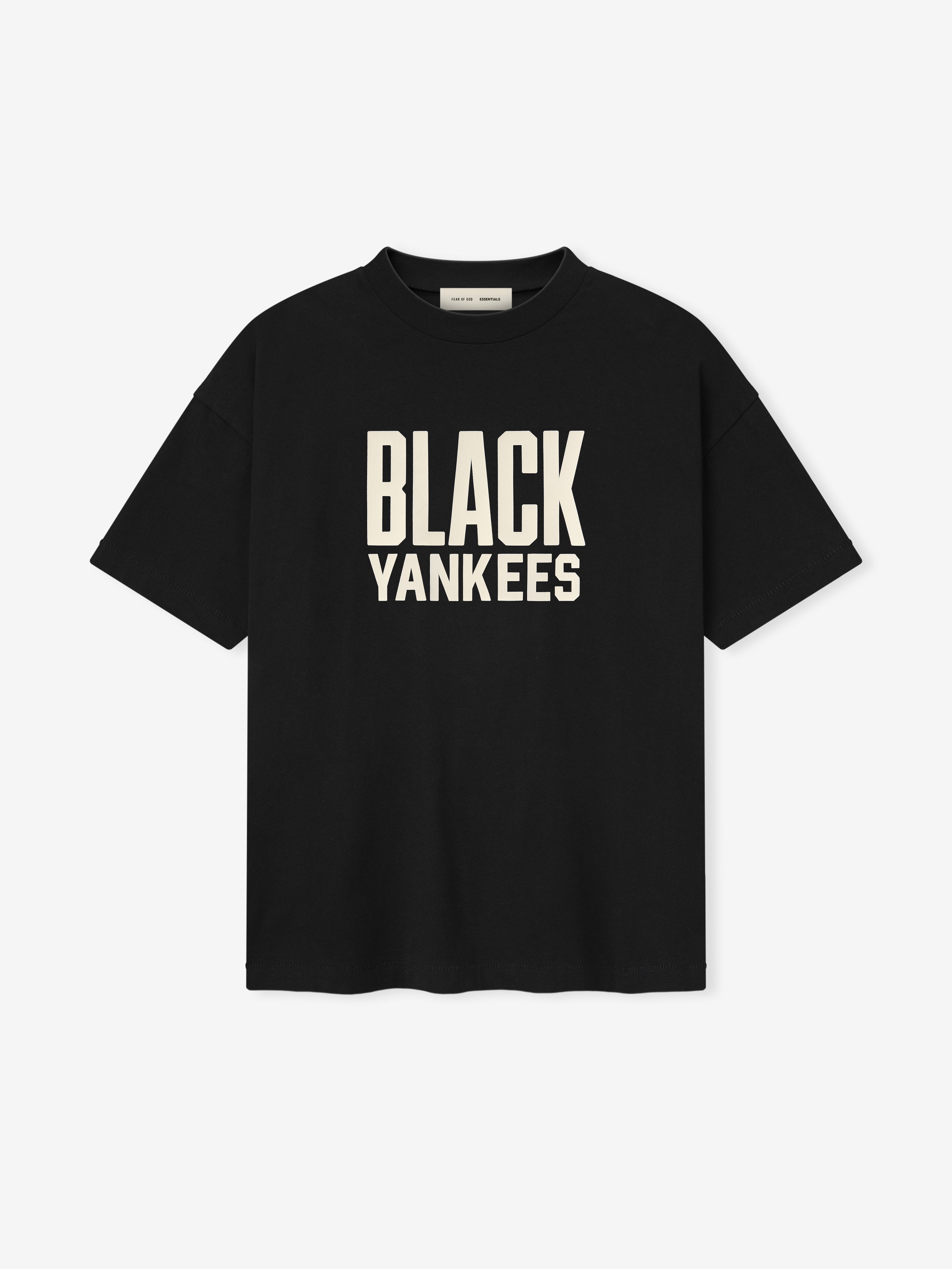 black cotton jersey tee with dropped shoulders and rib-knit crewneck featuring soft "Black Yankees" text on front