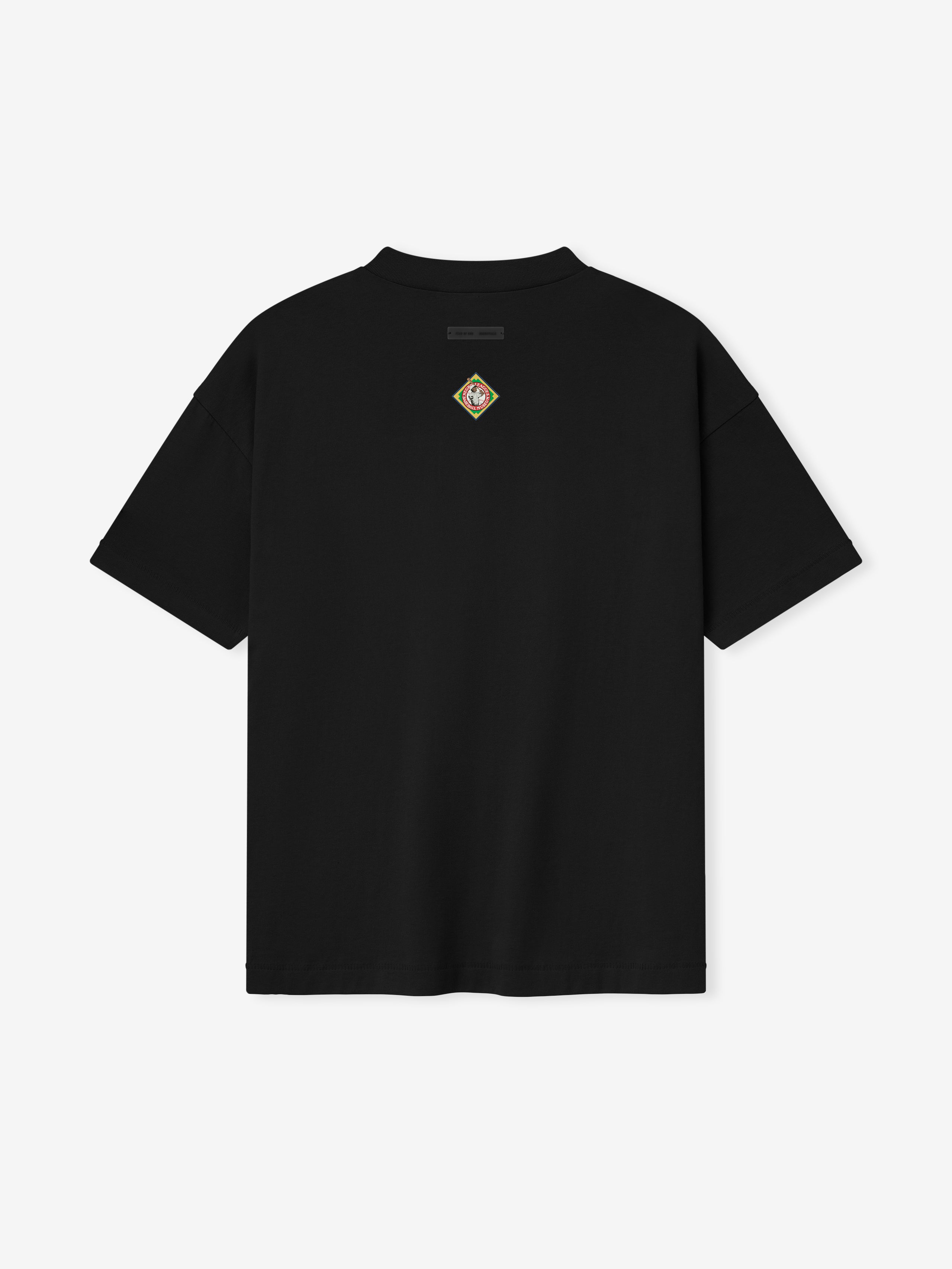 black cotton jersey tee back with small multicolored diamond-shaped logo detail below neckline