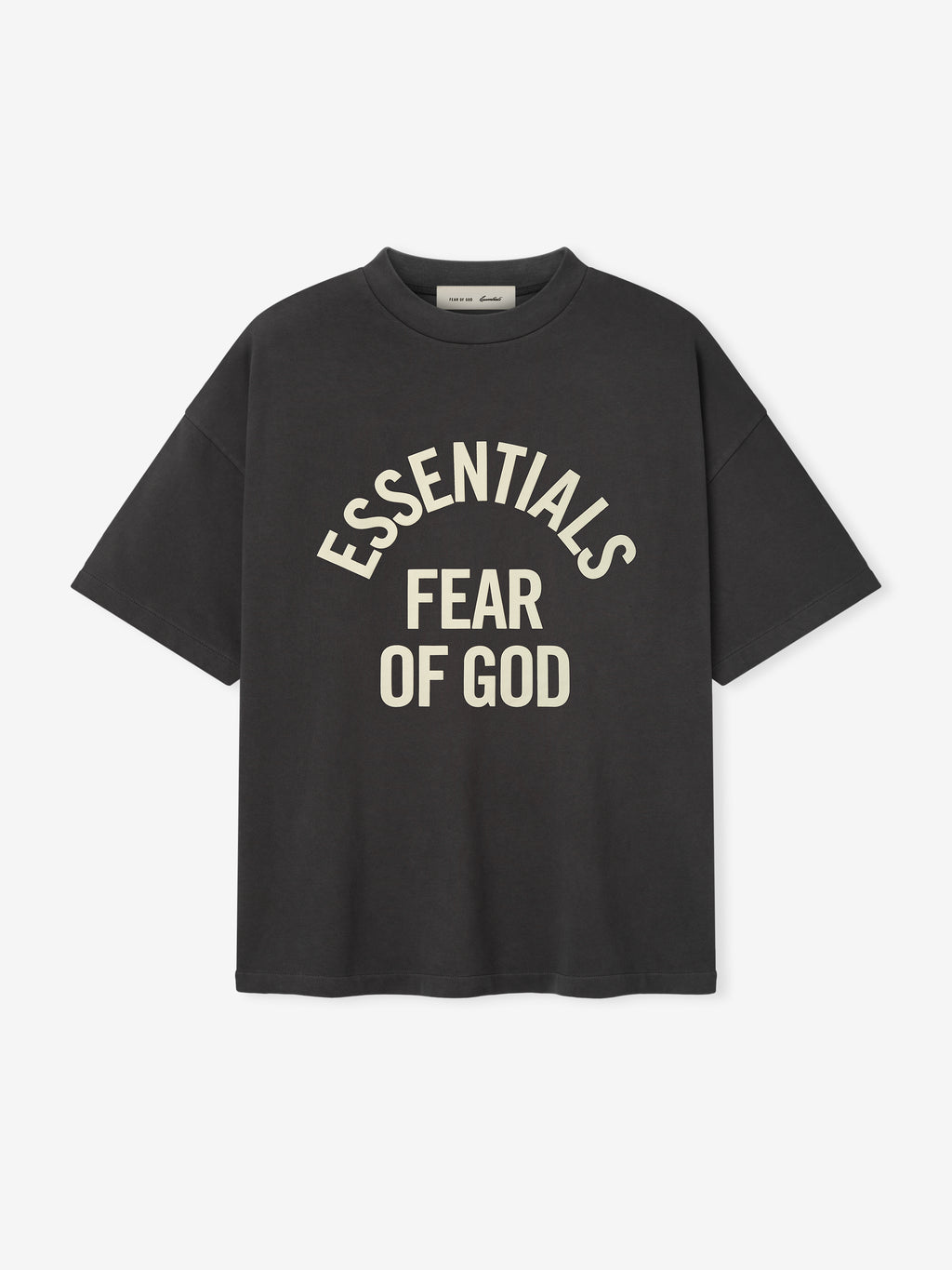 Black t-shirt with 'Essentials Fear of God' text on a white background