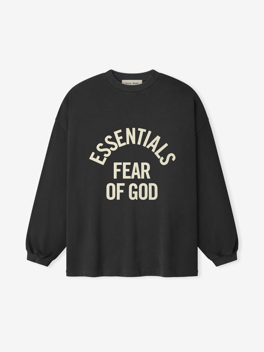 black heavyweight cotton long sleeve tee with oversized fit and arched ESSENTIALS FEAR OF GOD text on front