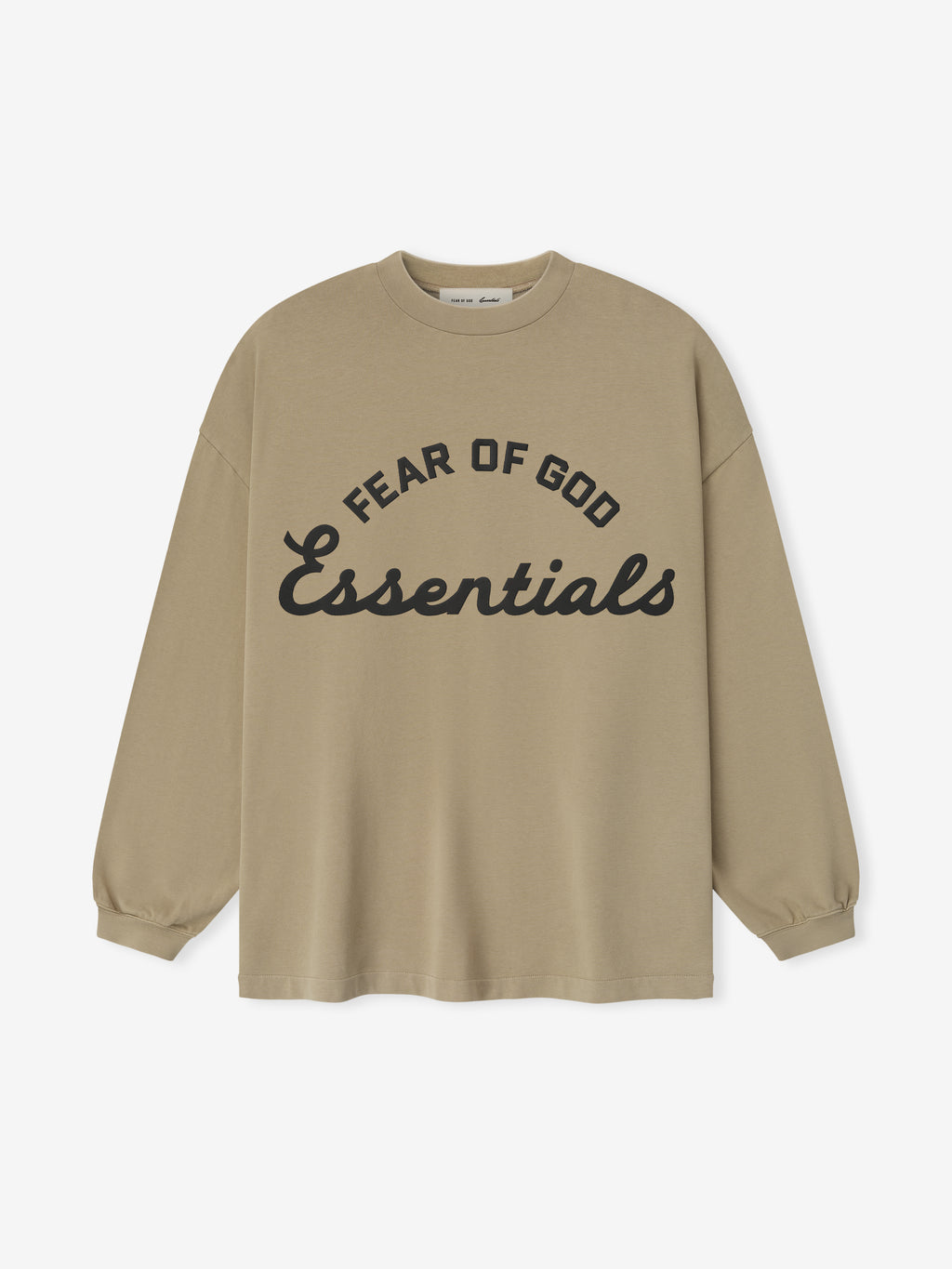 oversized 90s-inspired long sleeve tee in heavyweight cotton with pigment-dyed finish and curved Fear of God Essentials logo front