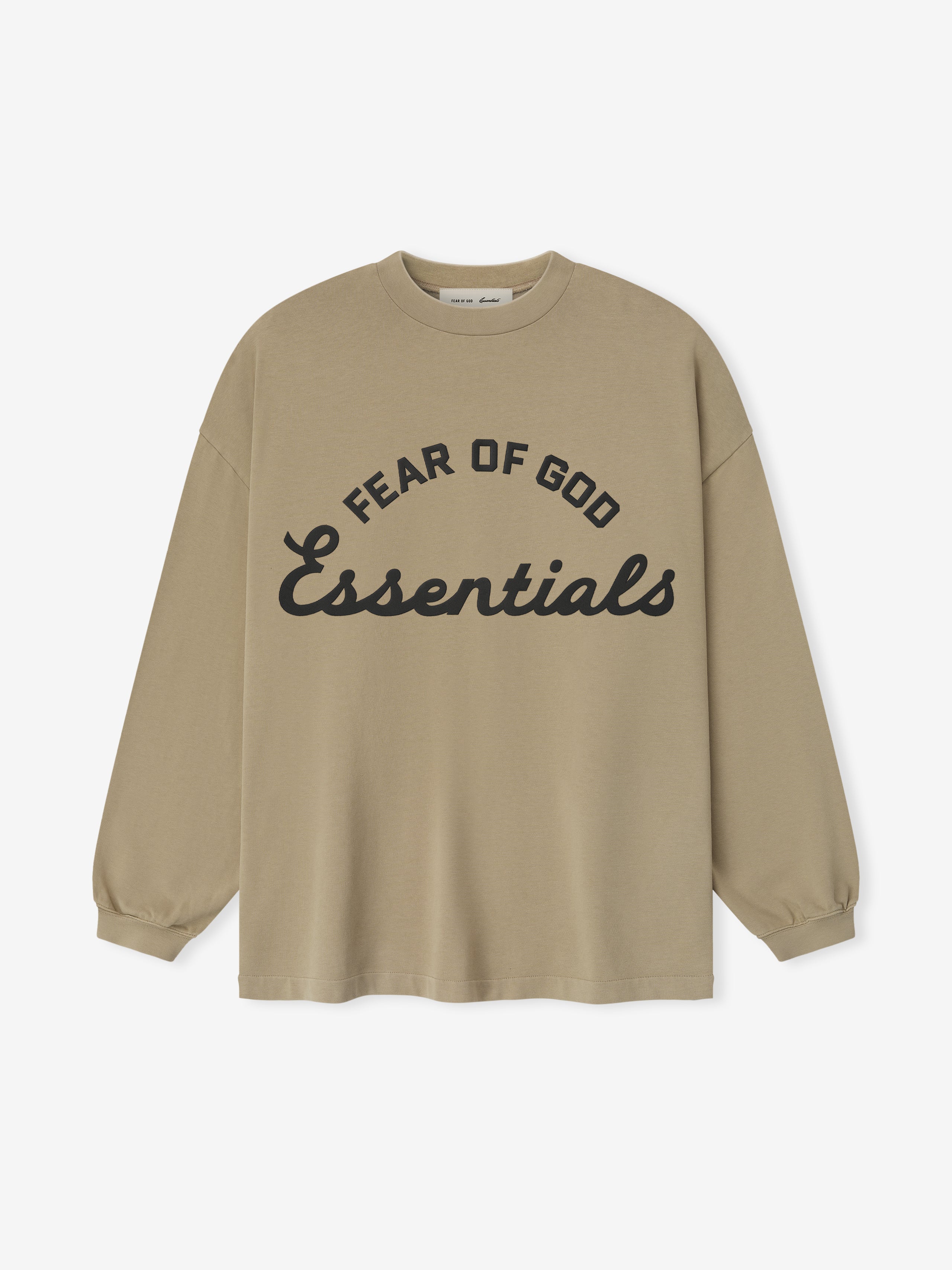 oversized 90s-inspired long sleeve tee in heavyweight cotton with pigment-dyed finish and curved Fear of God Essentials logo front