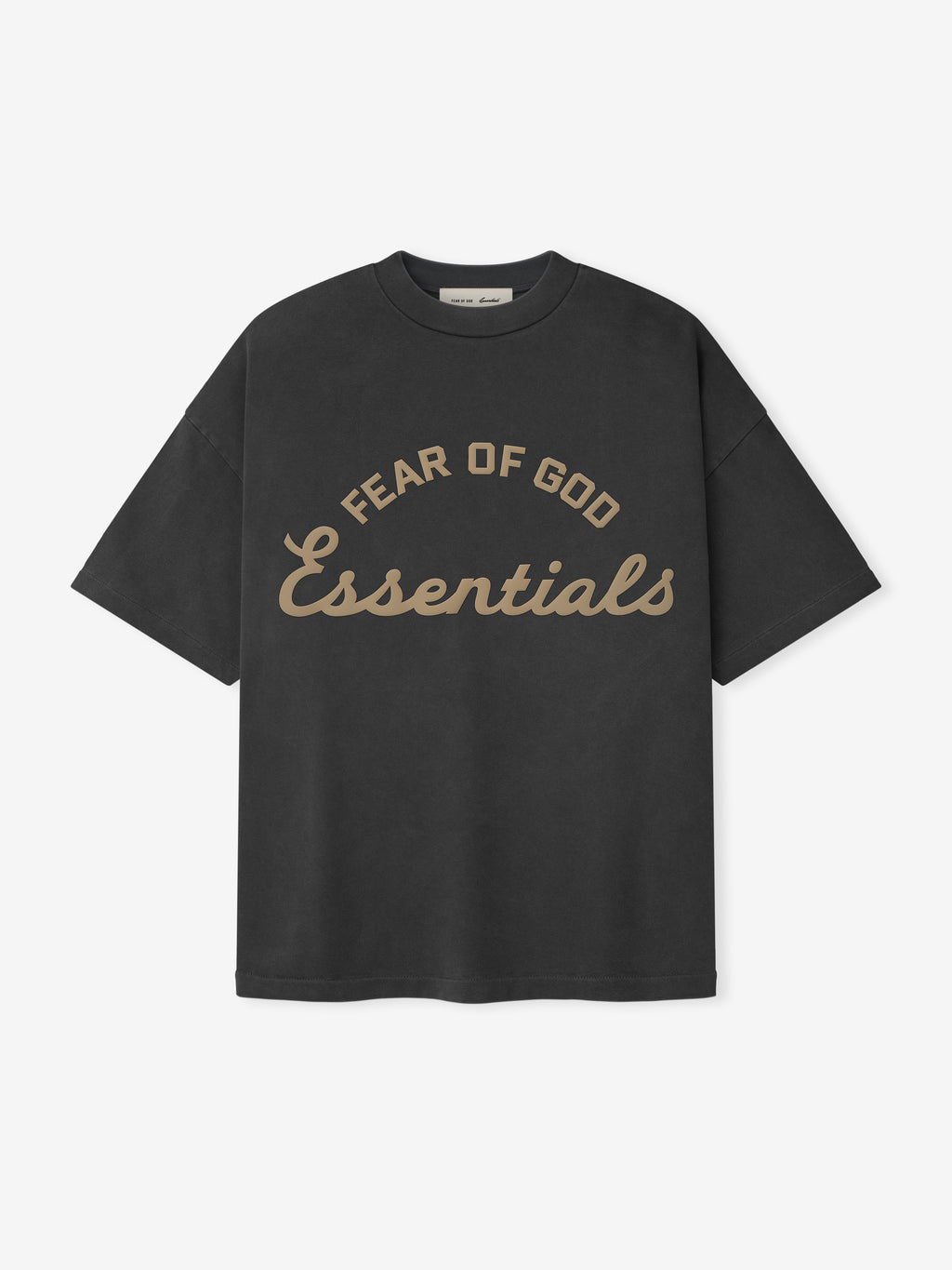 oversized 90s fit short sleeve tee in heavyweight cotton with pigment-dyed vintage black and tan Essentials logo front