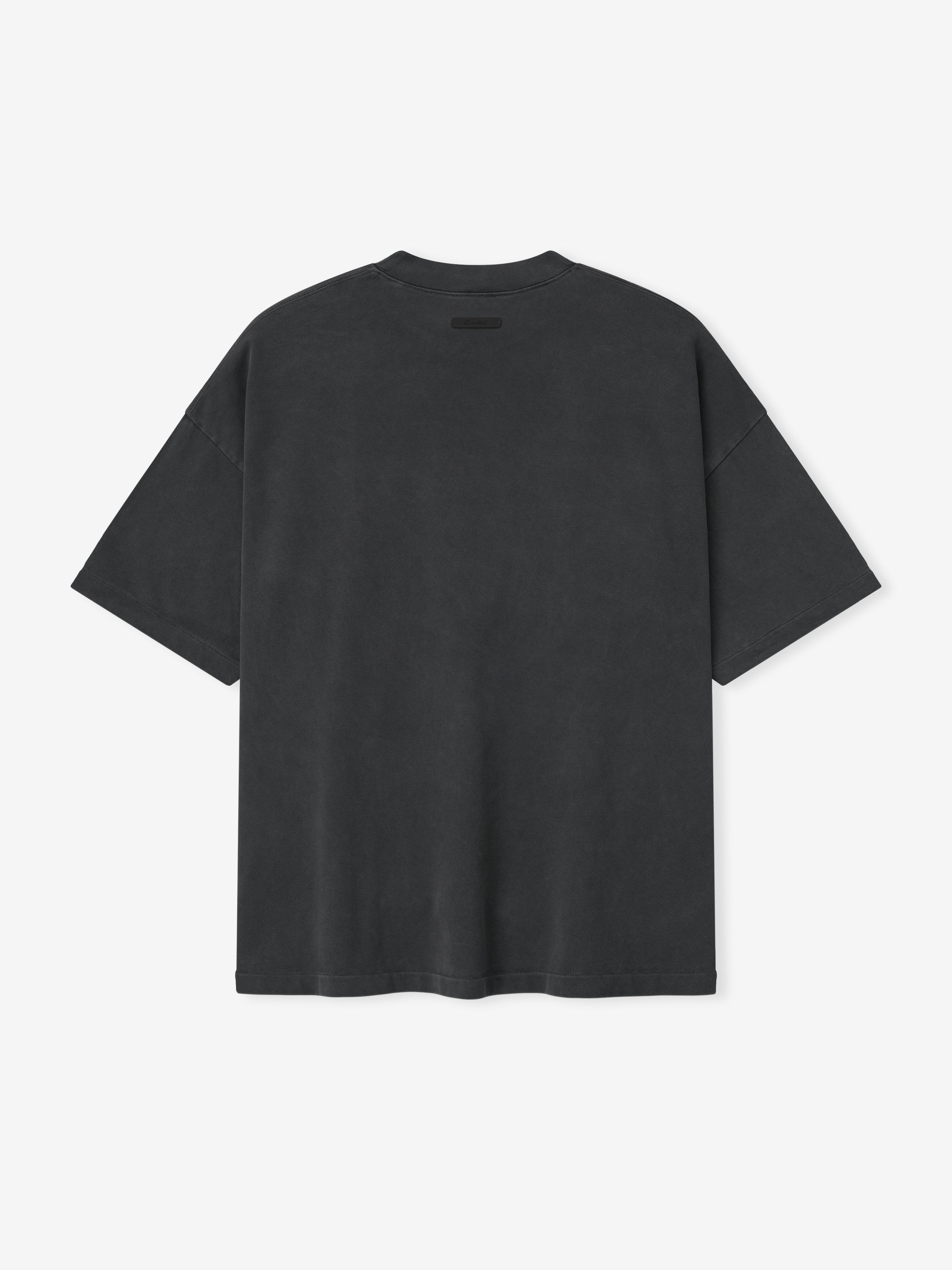back view of oversized 90s fit short sleeve tee in heavyweight pigment-dyed cotton jersey in dark gray