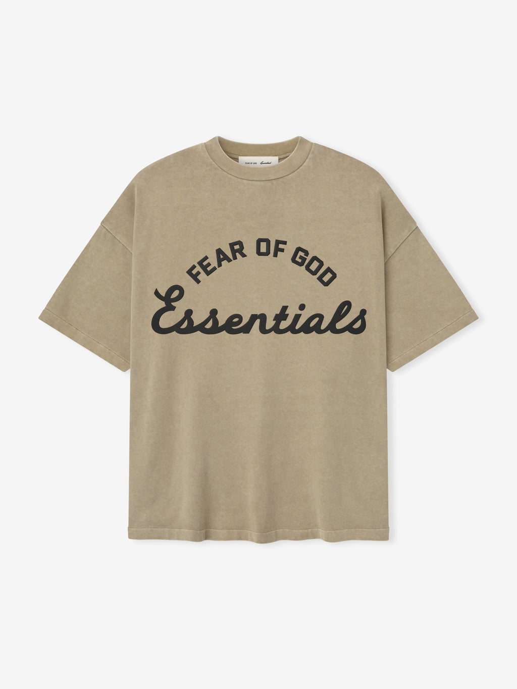 heavyweight cotton crewneck short sleeve tee in vintage beige pigment dye with Fear of God Essentials front script logo