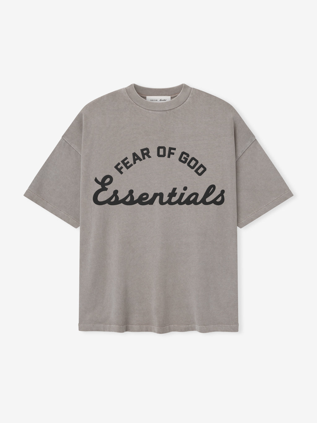 Gray t-shirt with 'Fear of God Essentials' text on a white background