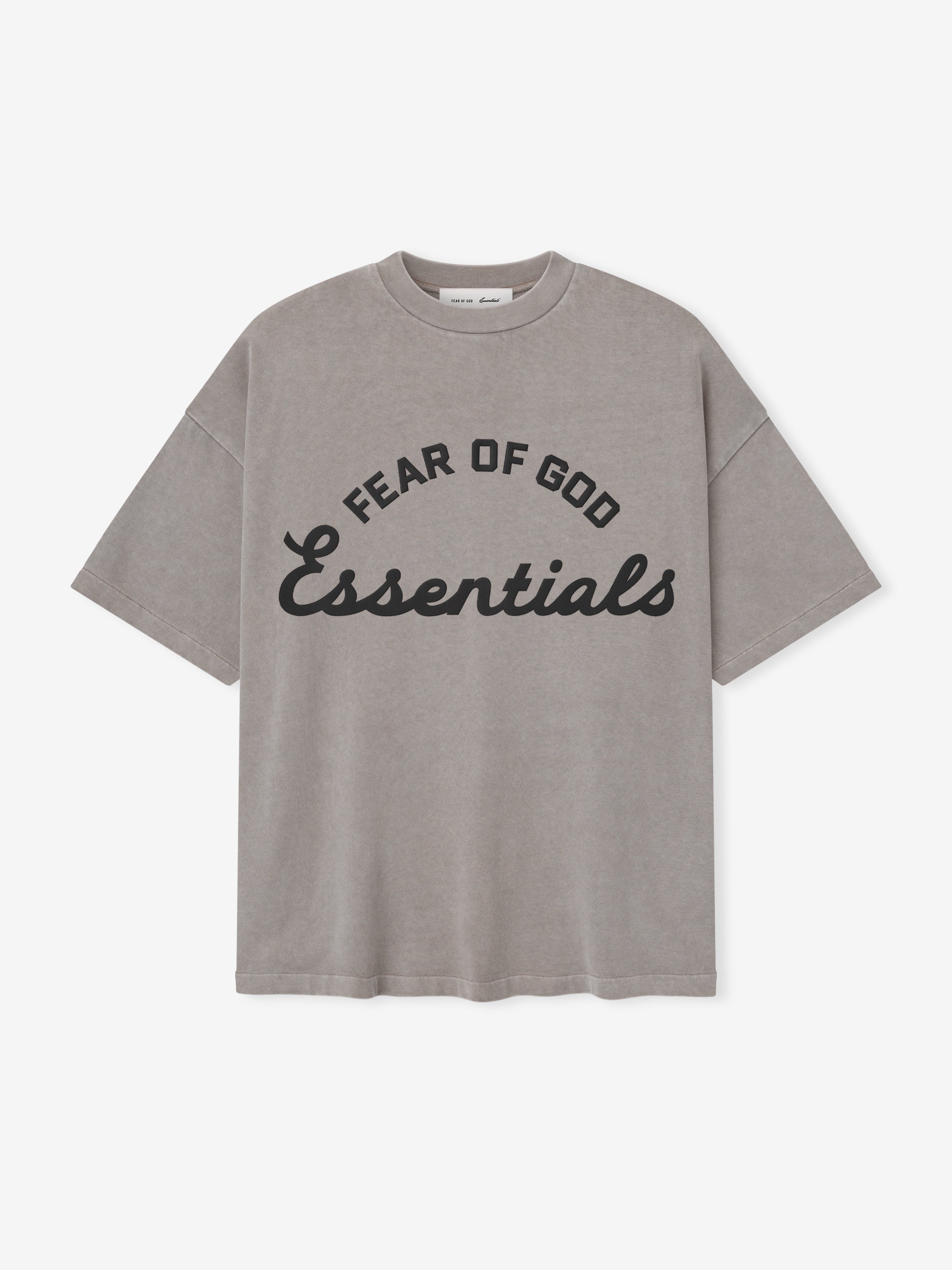 Gray t-shirt with 'Fear of God Essentials' text on a white background
