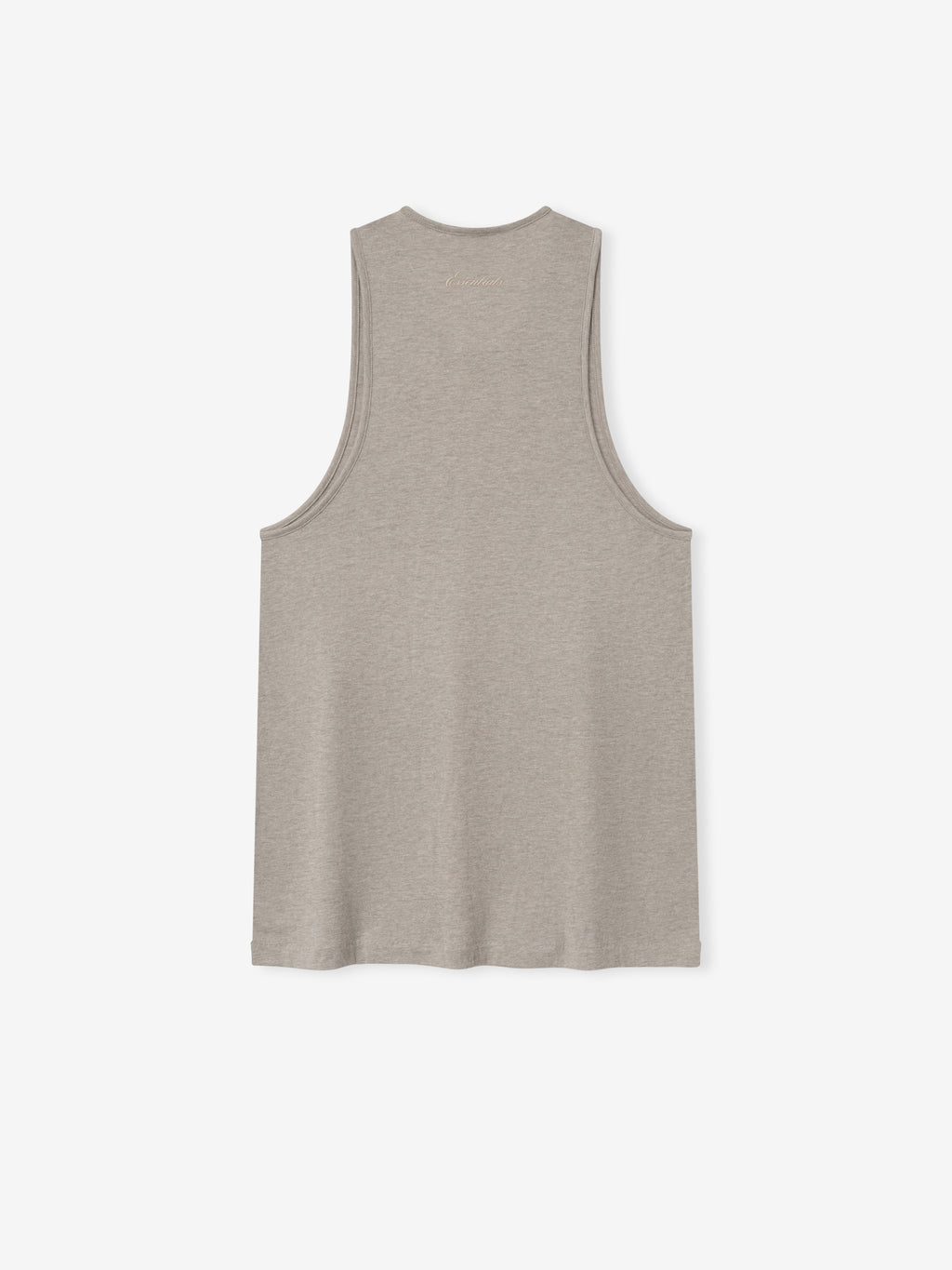 back view of lightweight taupe tri-blend U-neck tank top with vintage slim fit and extended length silhouette