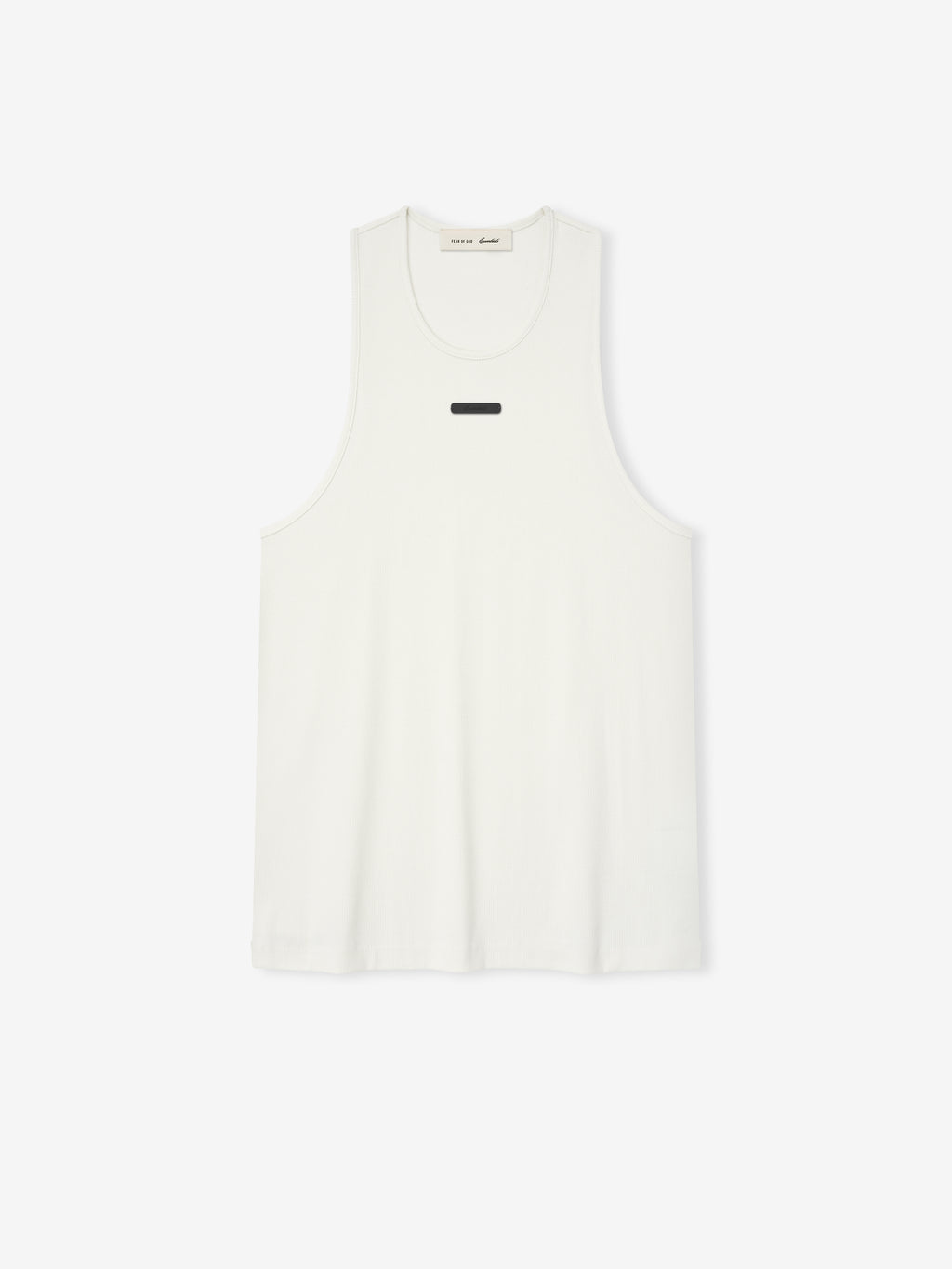 off-white ribbed cotton spandex tank top with relaxed fit, U-neck, dropped armholes, and minimalist Essentials logo on chest