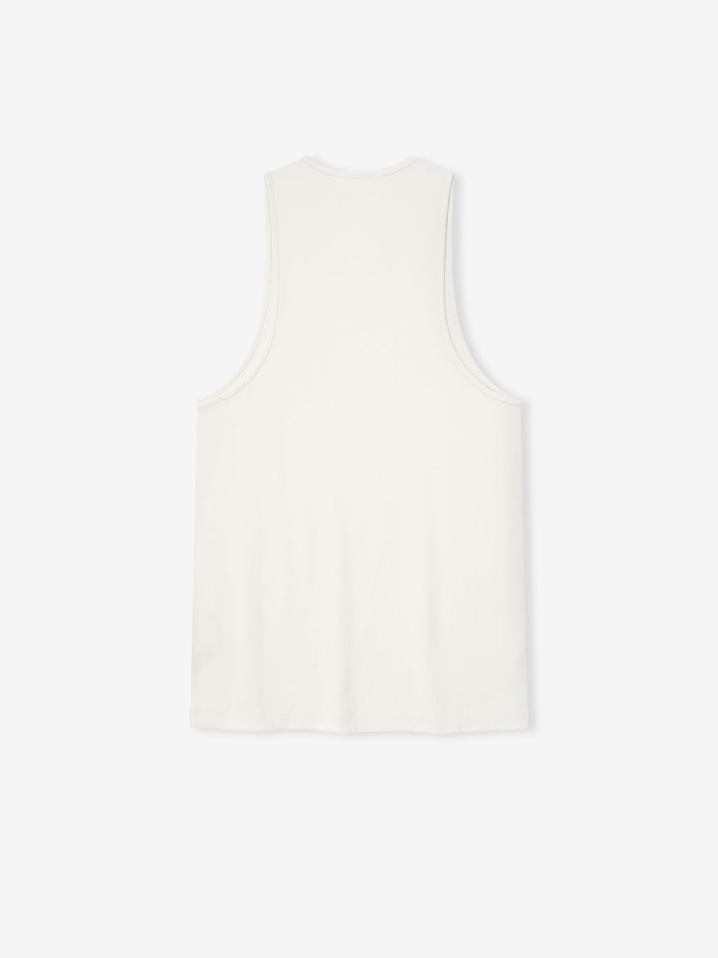 back view of off-white ribbed cotton spandex tank with relaxed fit and dropped armholes