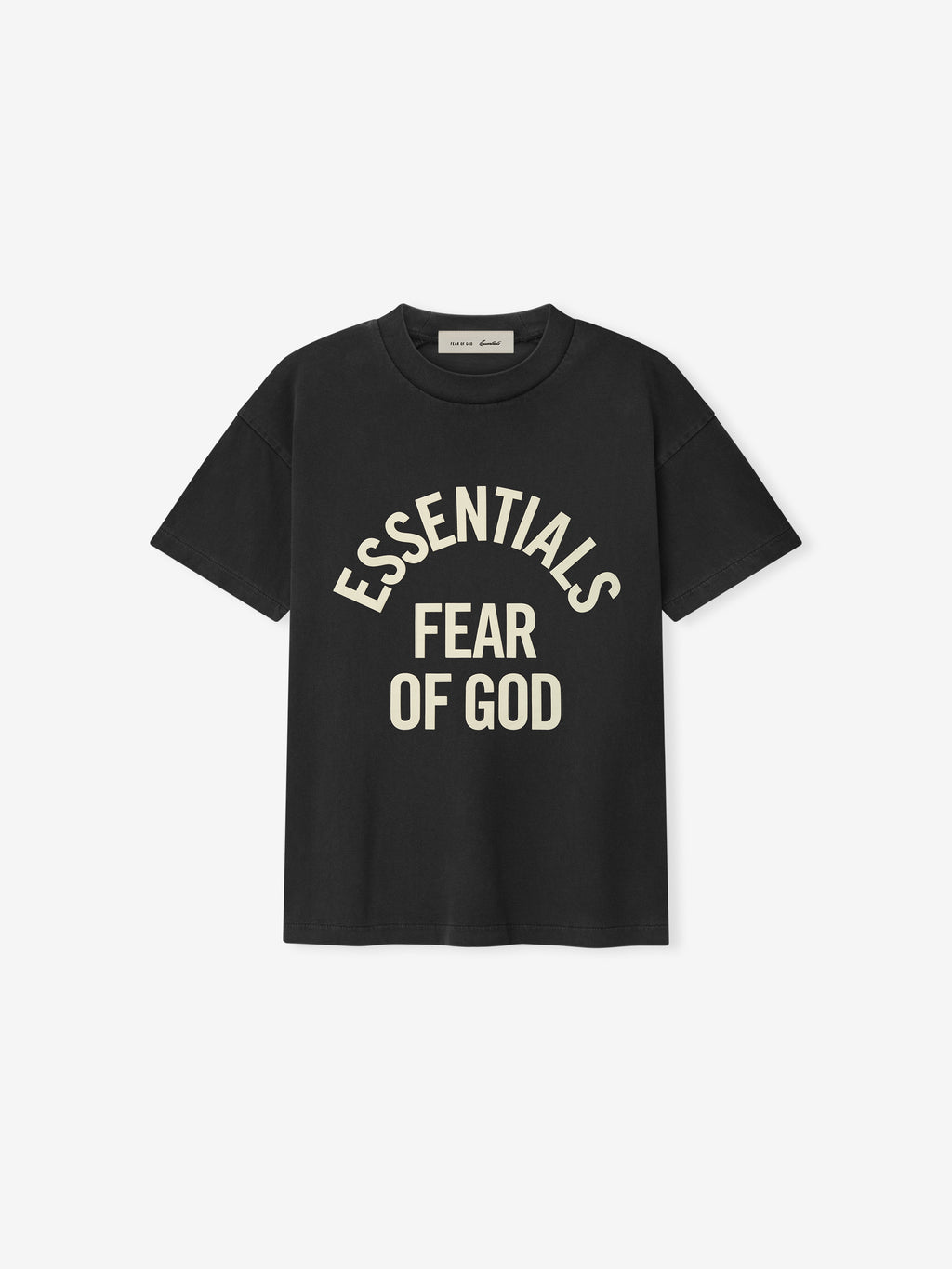black pigment-dyed cotton jersey tee with classic crewneck and bold Essentials Fear of God print on front