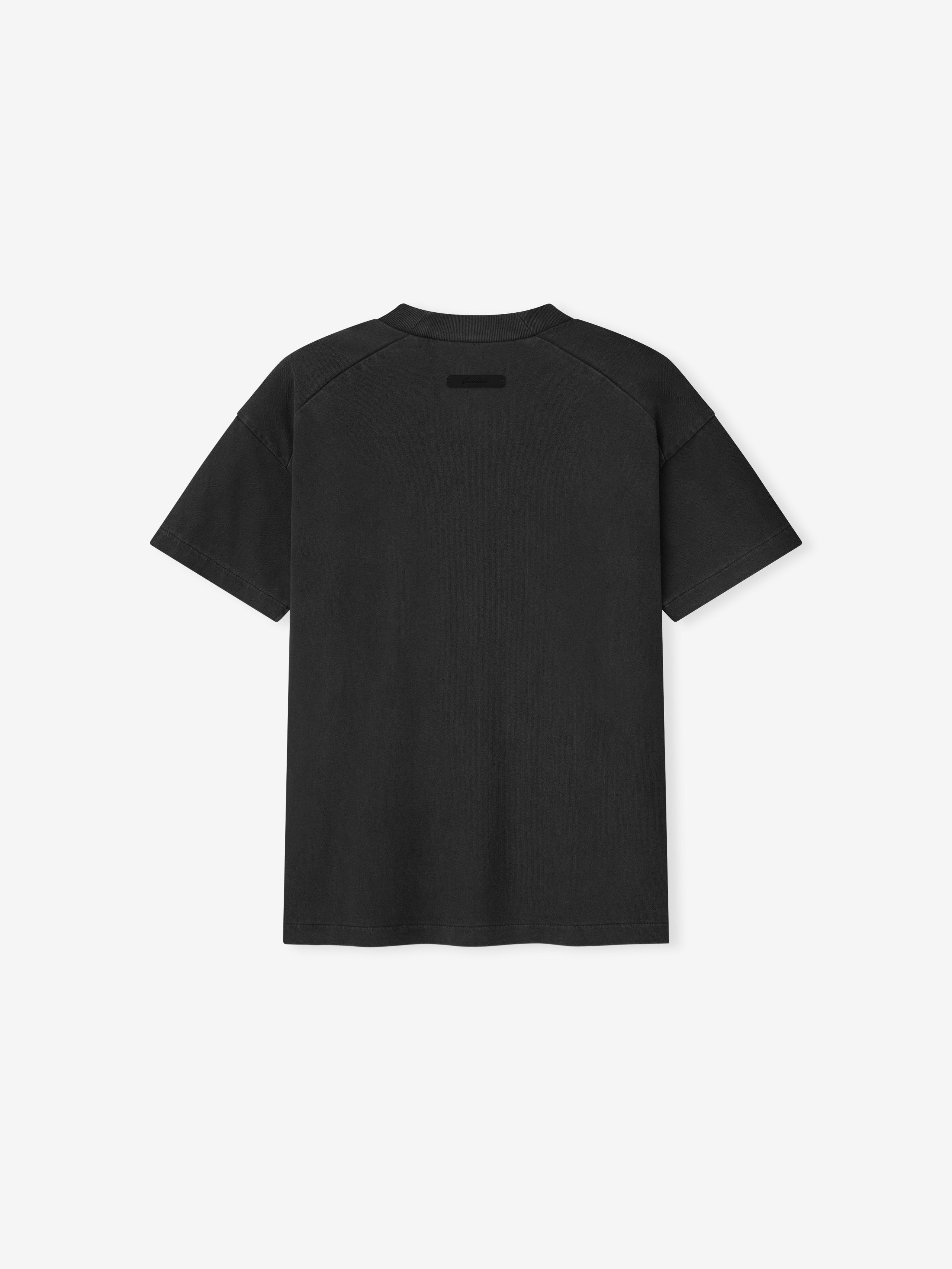 back view of black pigment-dyed cotton jersey tee with classic crewneck and relaxed women's fit