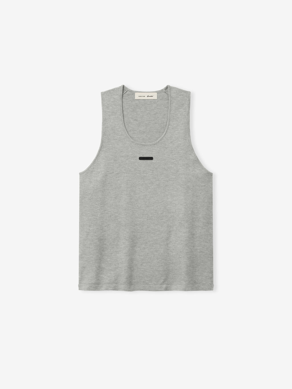 light grey rib-knit tank top for women with scoop neckline and minimalist black logo patch on chest
