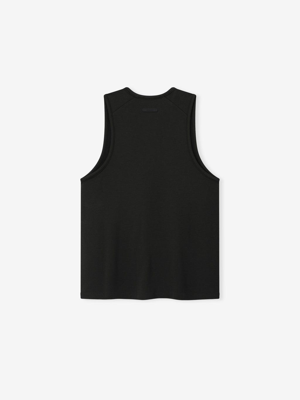 back view of women's black brushed jersey tank with relaxed fit, dropped armholes, and signature Essentials label at collar