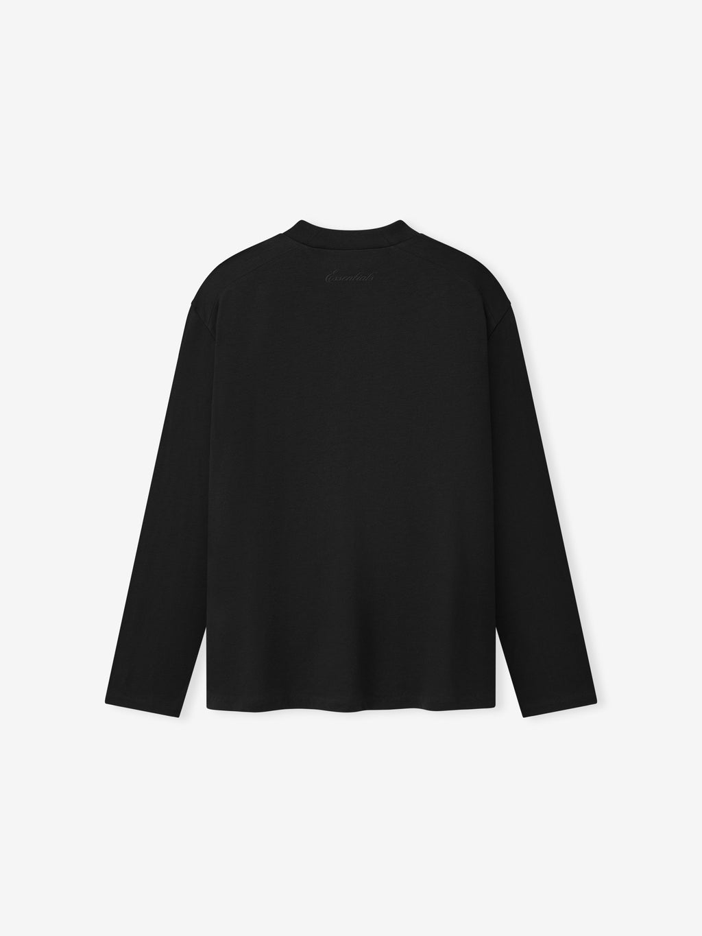 back view of women's classic fit long sleeve tee in black lightweight cotton blend jersey with rib-knit crewneck
