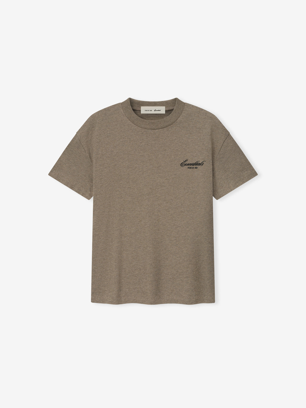 Brown short-sleeve crew neck t-shirt with small black cursive text logo on the upper left chest on a white background