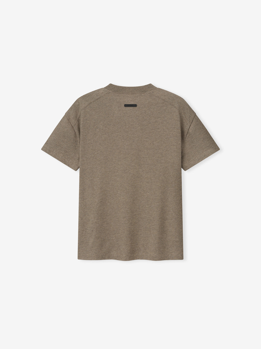 Back view of a brown short-sleeve t-shirt with a small black rectangular detail near the collar on a light background