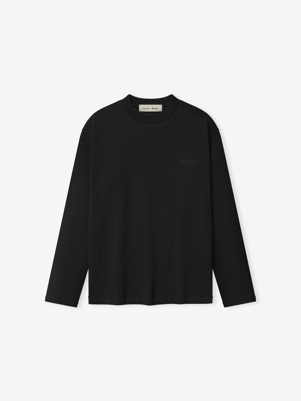 black 220GSM cotton jersey long sleeve tee with rib-knit crewneck and subtle puff-printed Essentials signature logo