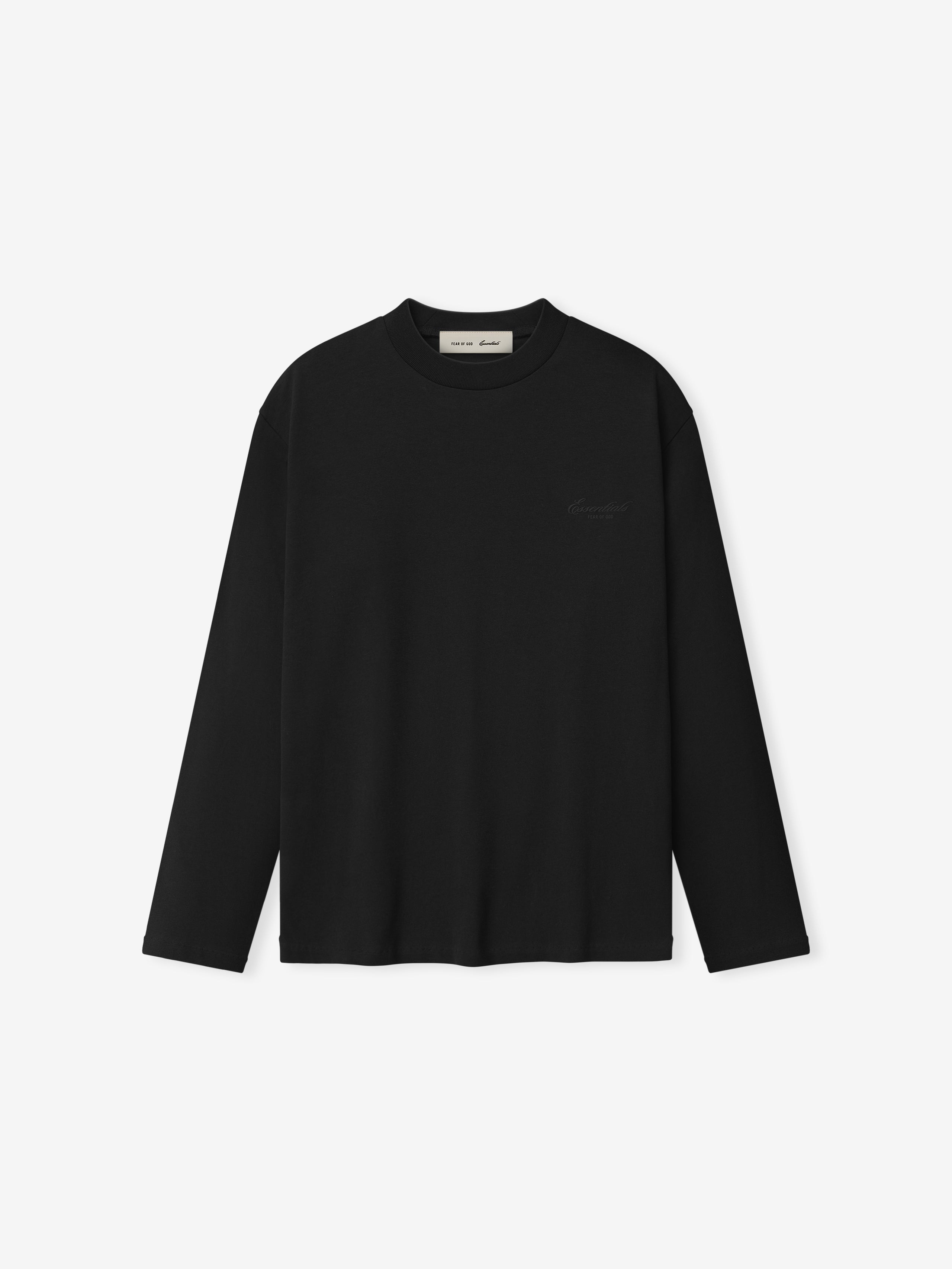black 220GSM cotton jersey long sleeve tee with rib-knit crewneck and subtle puff-printed Essentials signature logo