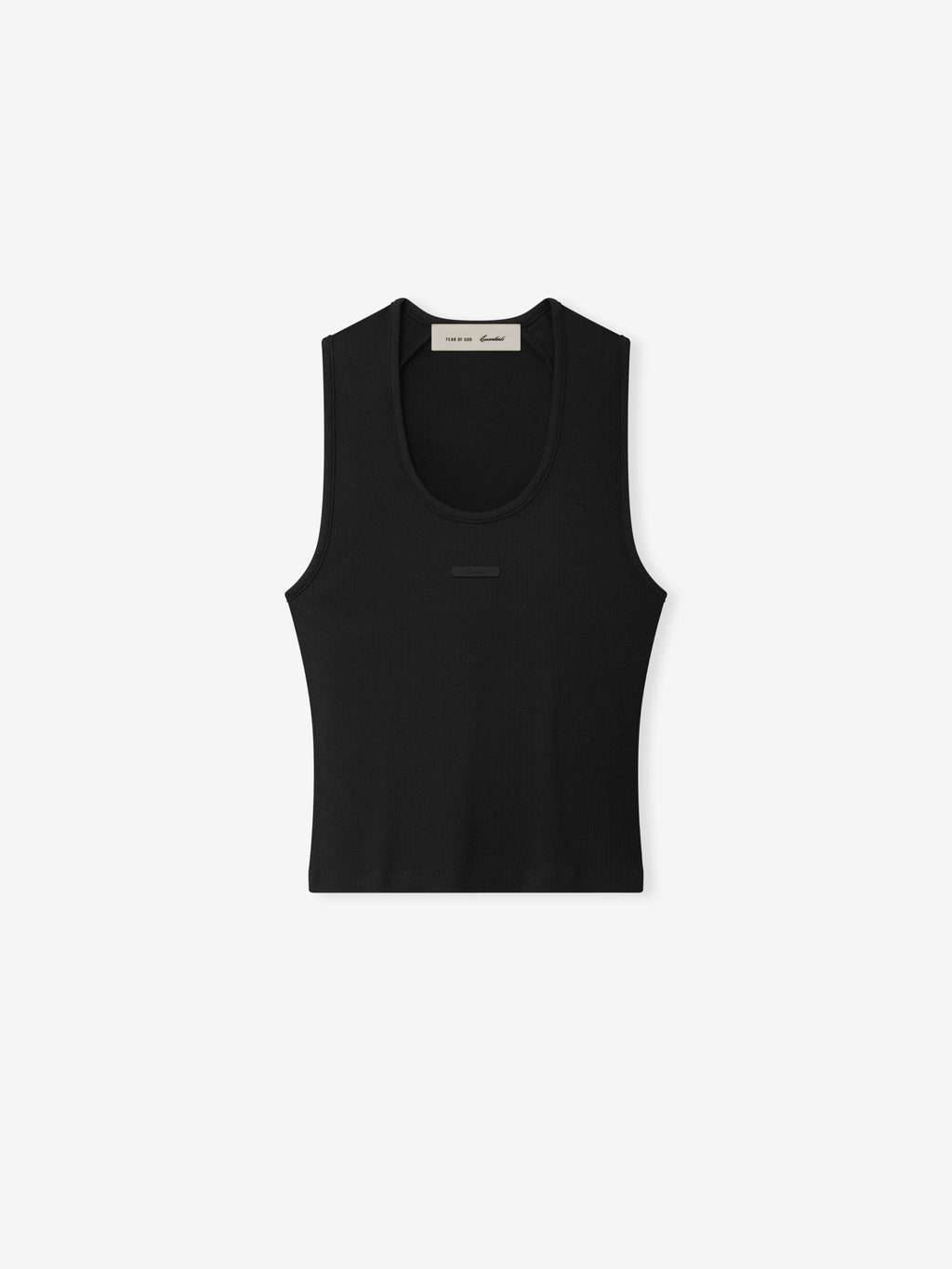 black rib knit fitted tank top with U-neck and contoured silhouette made from cotton-rayon-spandex blend