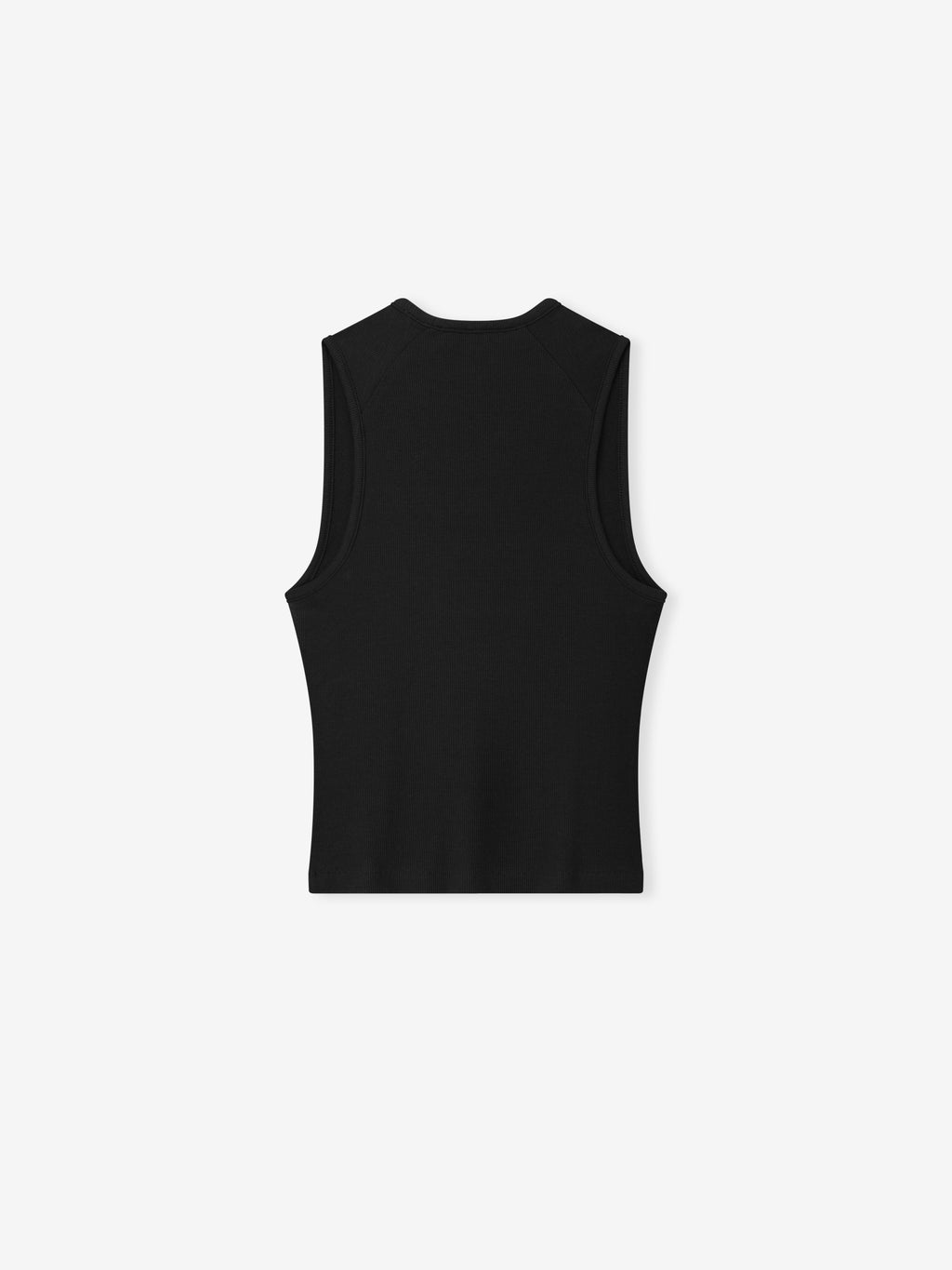 back view of black ribbed cotton-rayon-spandex knit tank top with fitted silhouette and sleeveless design