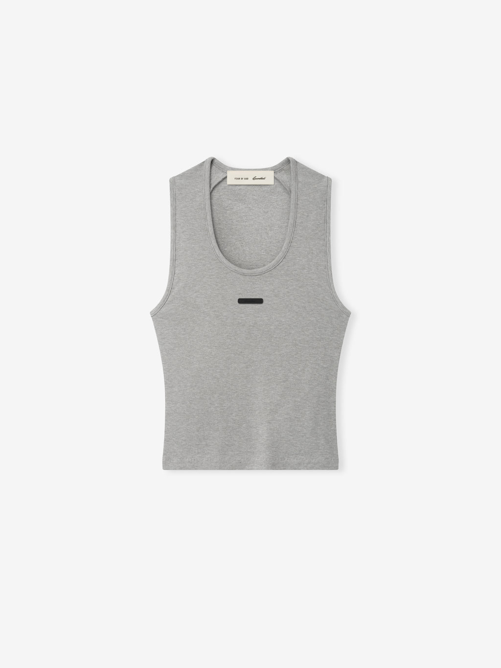 light gray rib knit cotton-rayon-spandex fitted tank top with U-neck and subtle rectangular chest detail