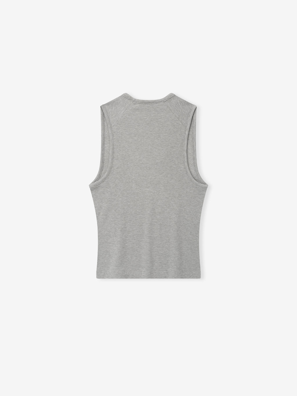 back view of light gray ribbed cotton-rayon-spandex knit tank top with sleeveless design and fitted cut