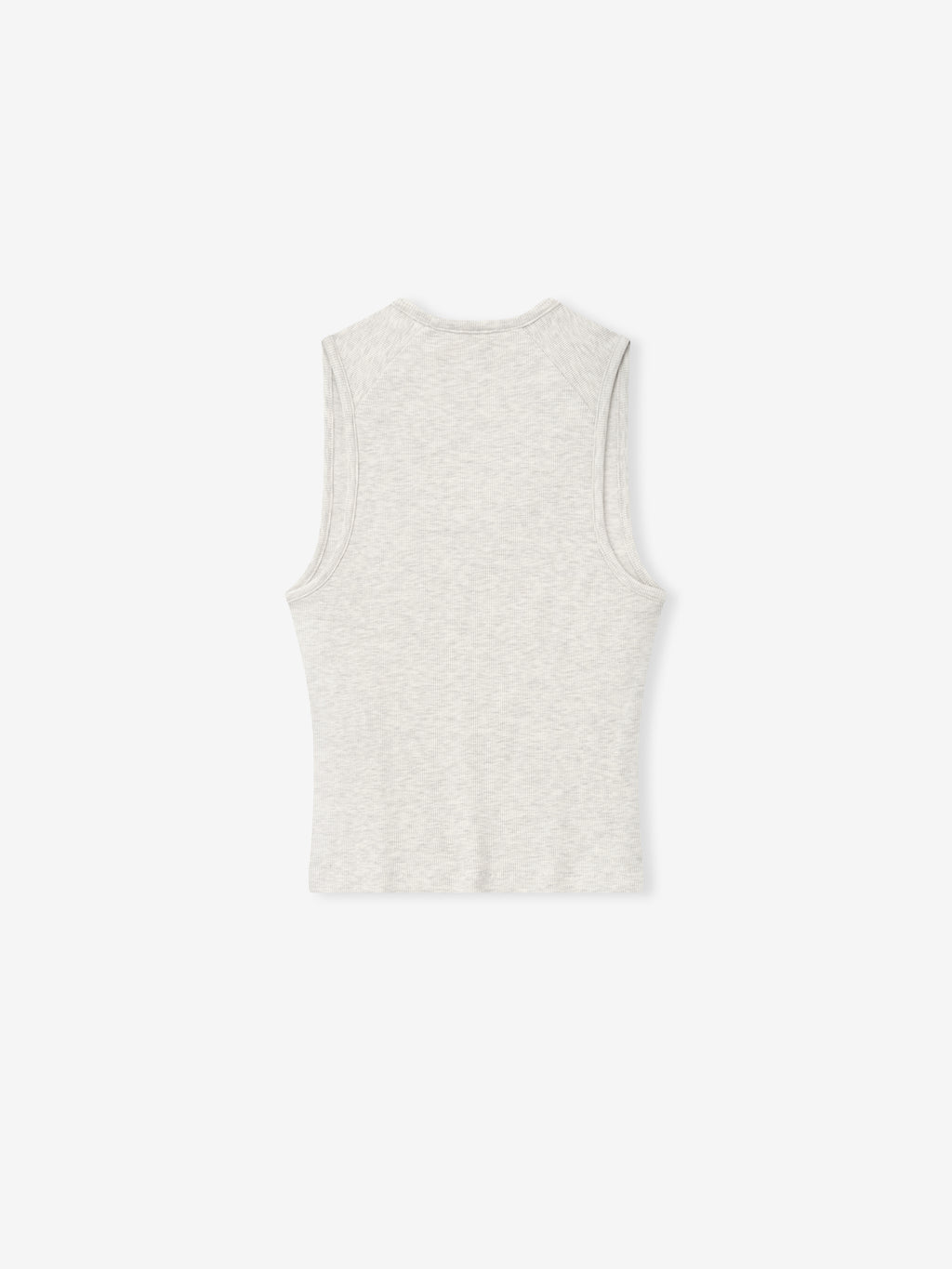 back view of light heather gray ribbed cotton-rayon-spandex fitted tank top with sleeveless design