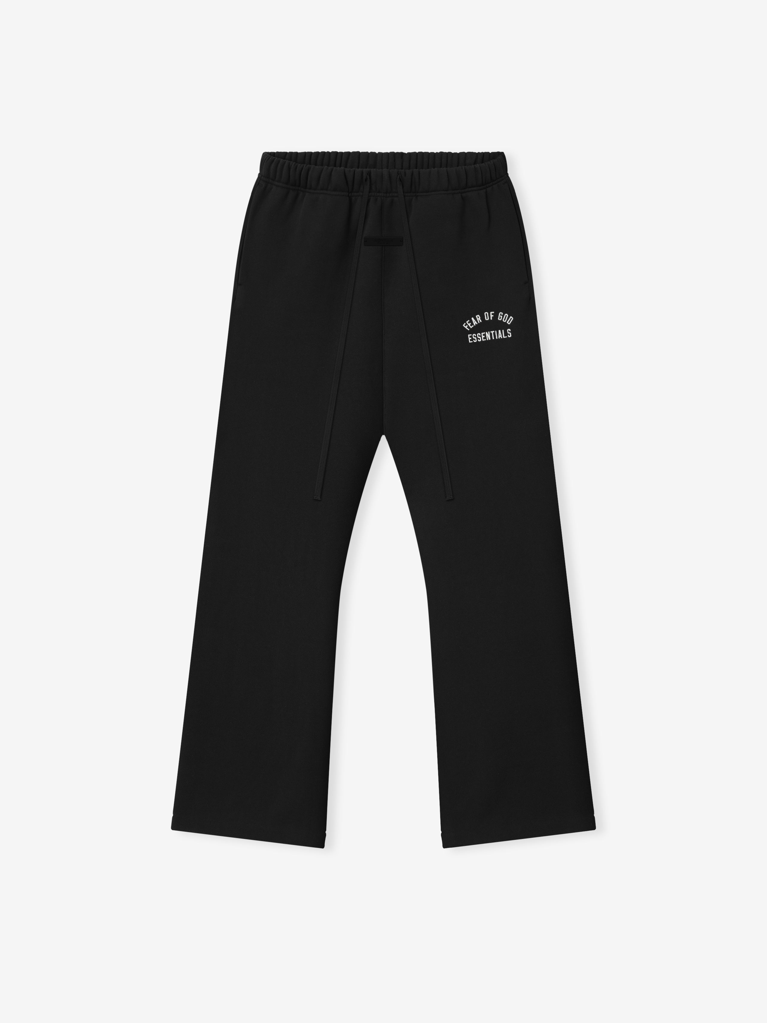 black relaxed fit fleece sweatpant with flared leg and curved Fear of God Essentials embroidery on thigh
