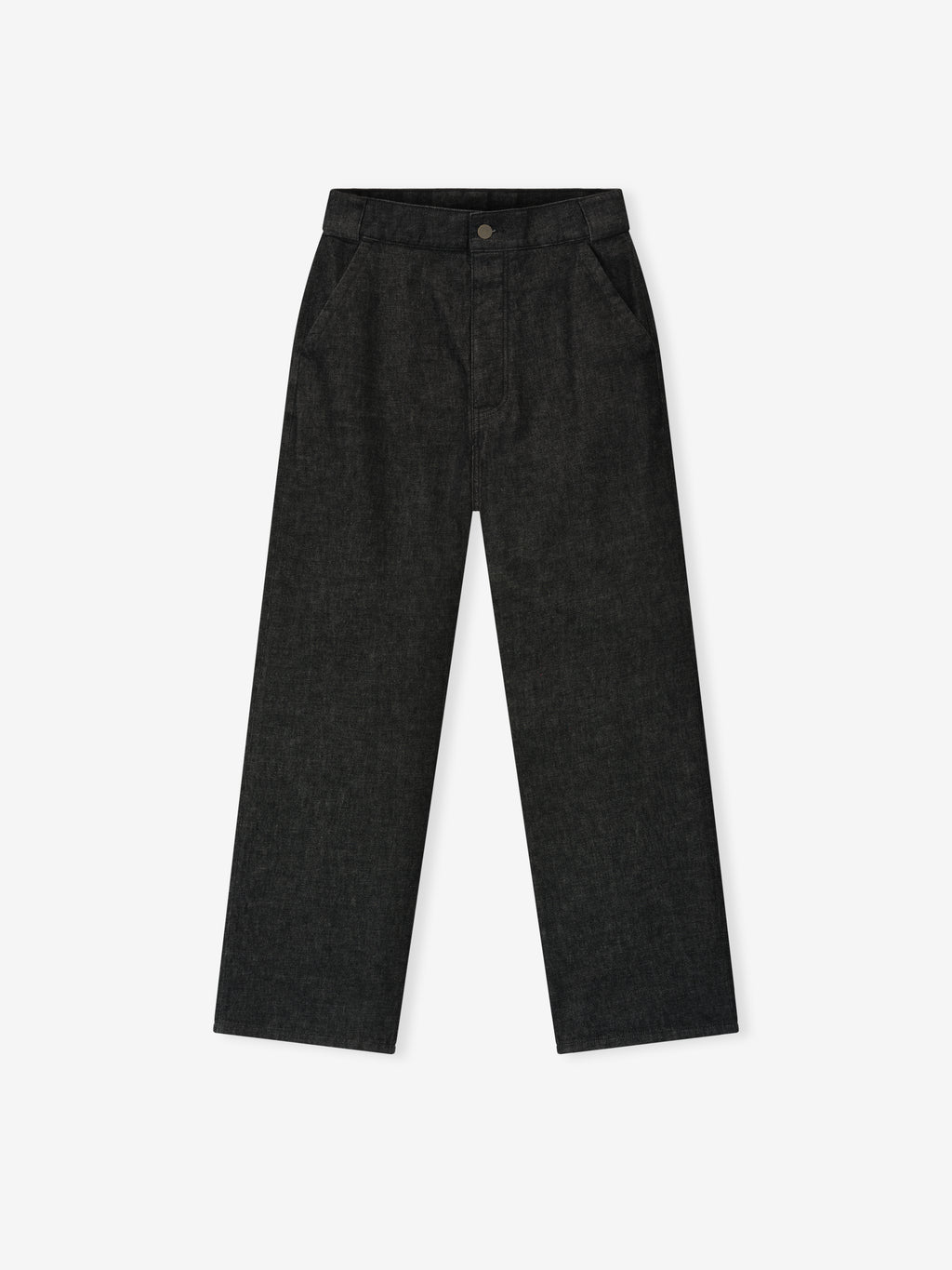 Vintage black denim work pants with straight leg cut and front pockets laid flat on white background